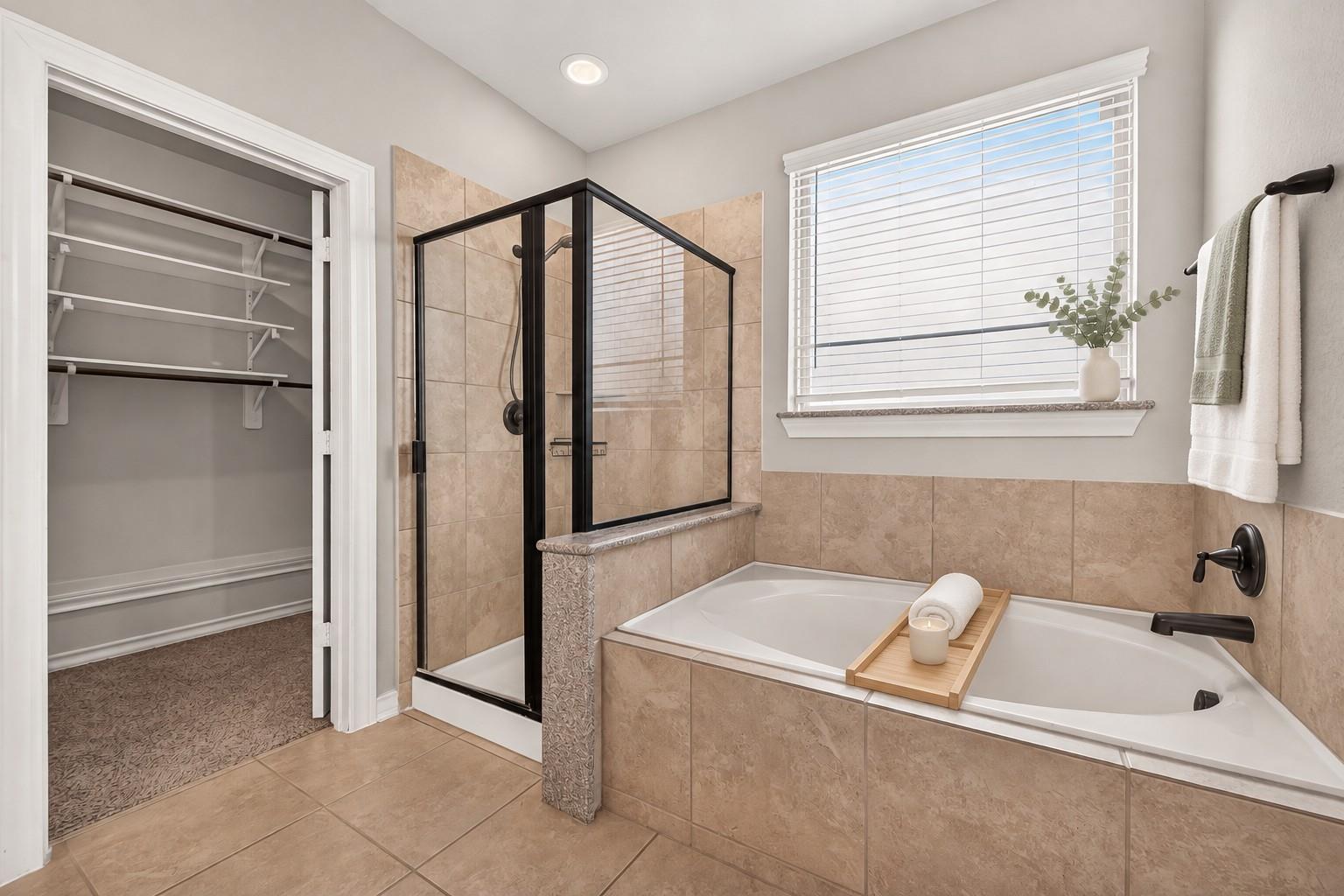 Bathroom with a built-in soaking tub, black-framed glass shower, and open shelving closet.