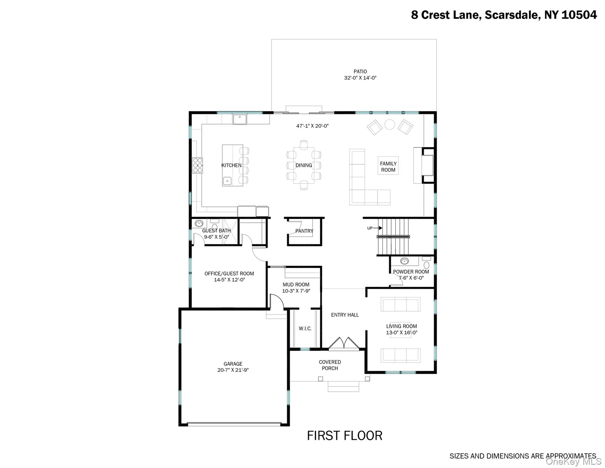 First-floor plan for 8 Crest Lane, showing labeled rooms, a garage, covered porch, and patio.