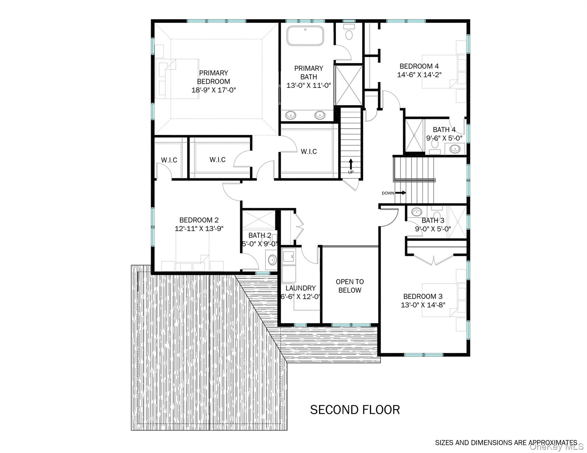 Second-floor plan with four bedrooms, bathrooms, laundry, an open-to-below area, and a large deck.