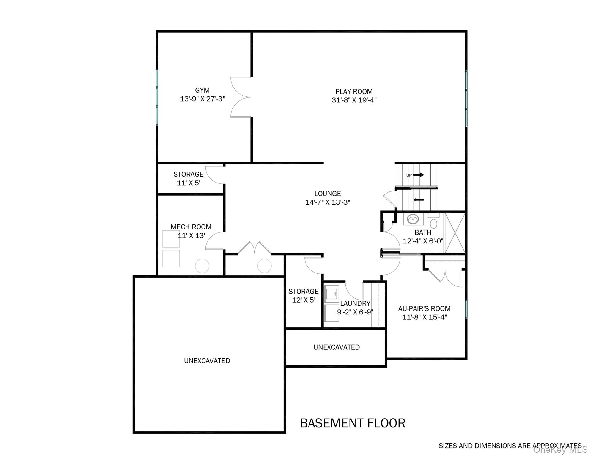 Basement floor plan showing a gym, play room, lounge, bath, laundry, au-pair’s room and storage.