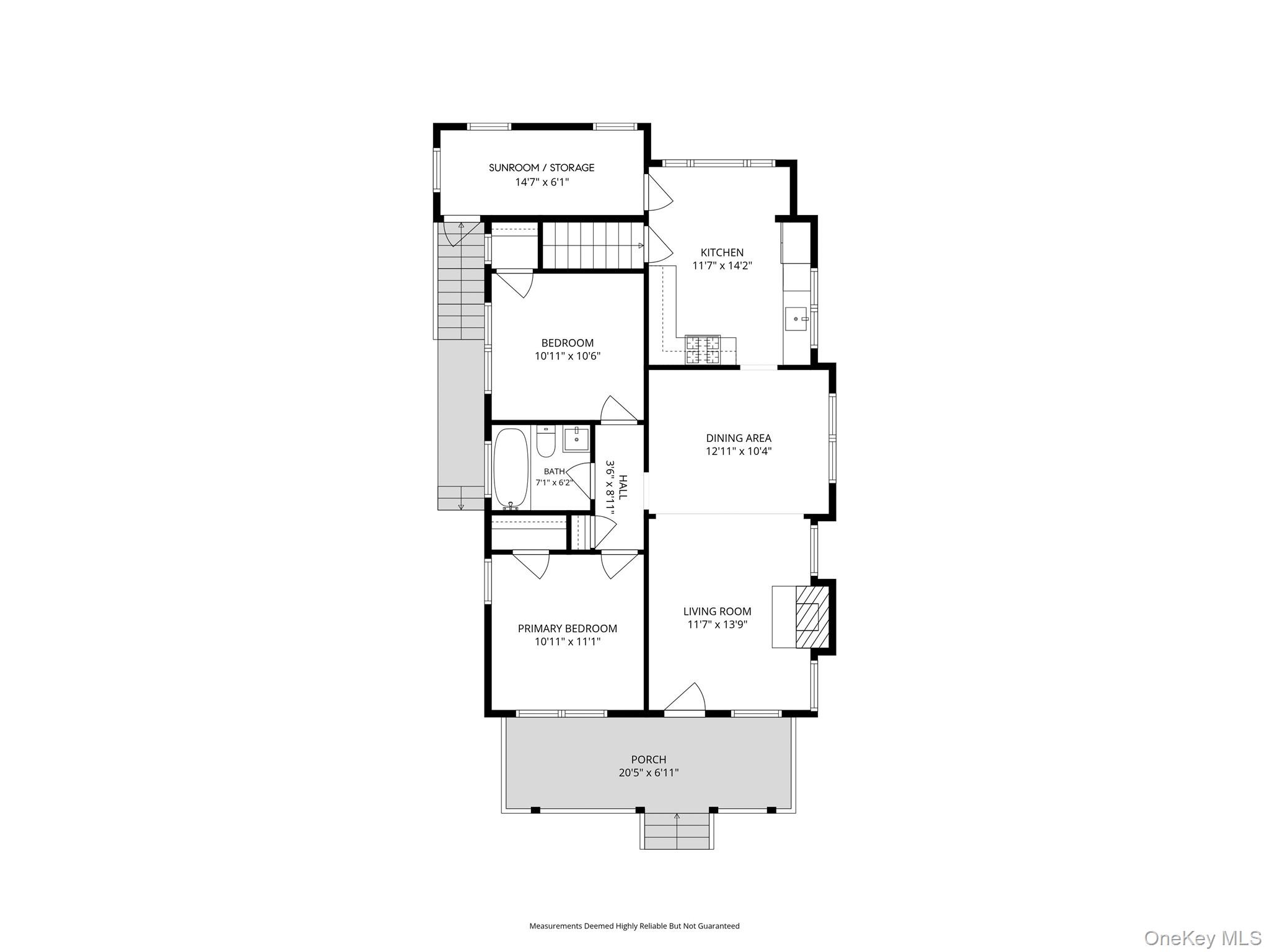 Floor plan showing two bedrooms, kitchen, dining area, living room, sunroom, and front porch.