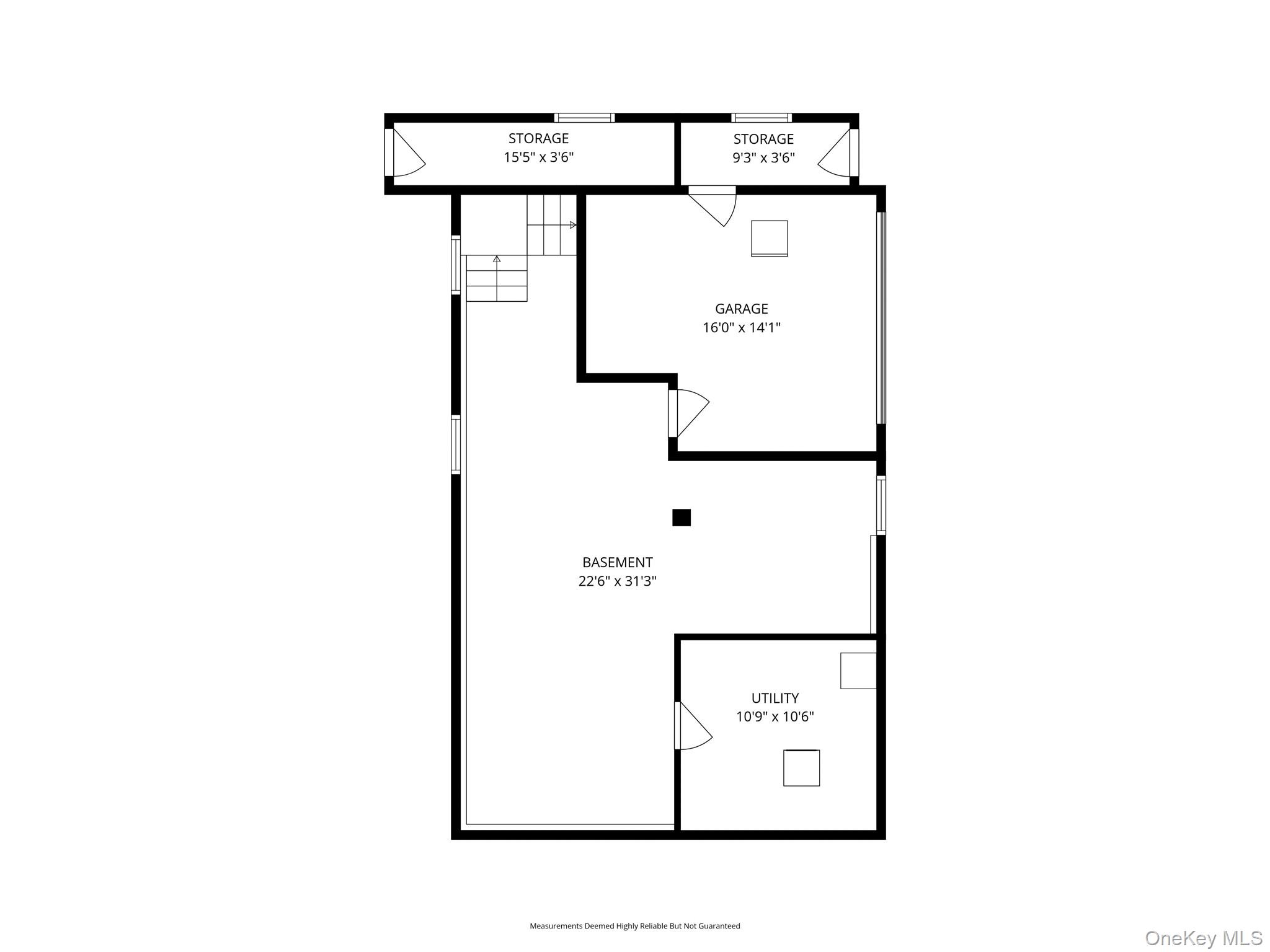 Lower-level floor plan with a garage, basement, utility room, stairs, and two storage areas.