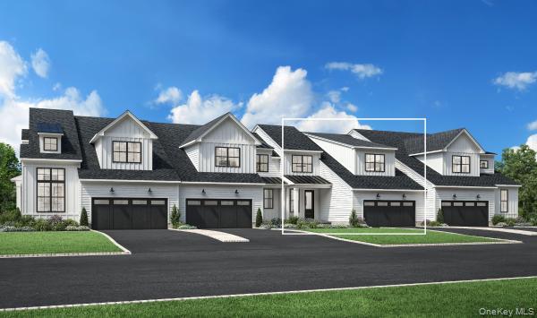 Rendering of attached white homes with dark gabled roofs, multiple garages, and one central unit outlined.