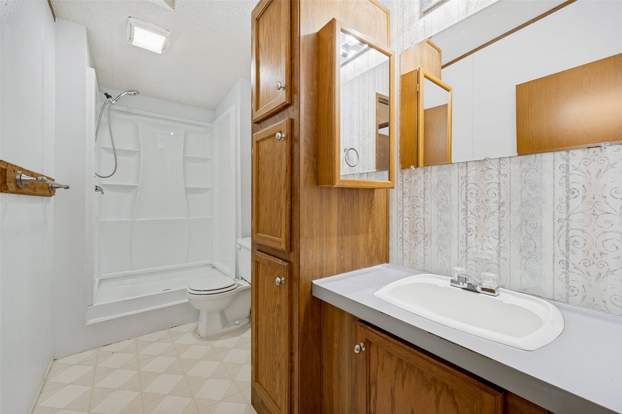 Bathroom with a white shower and toilet beside a wood vanity with a mirrored cabinet.