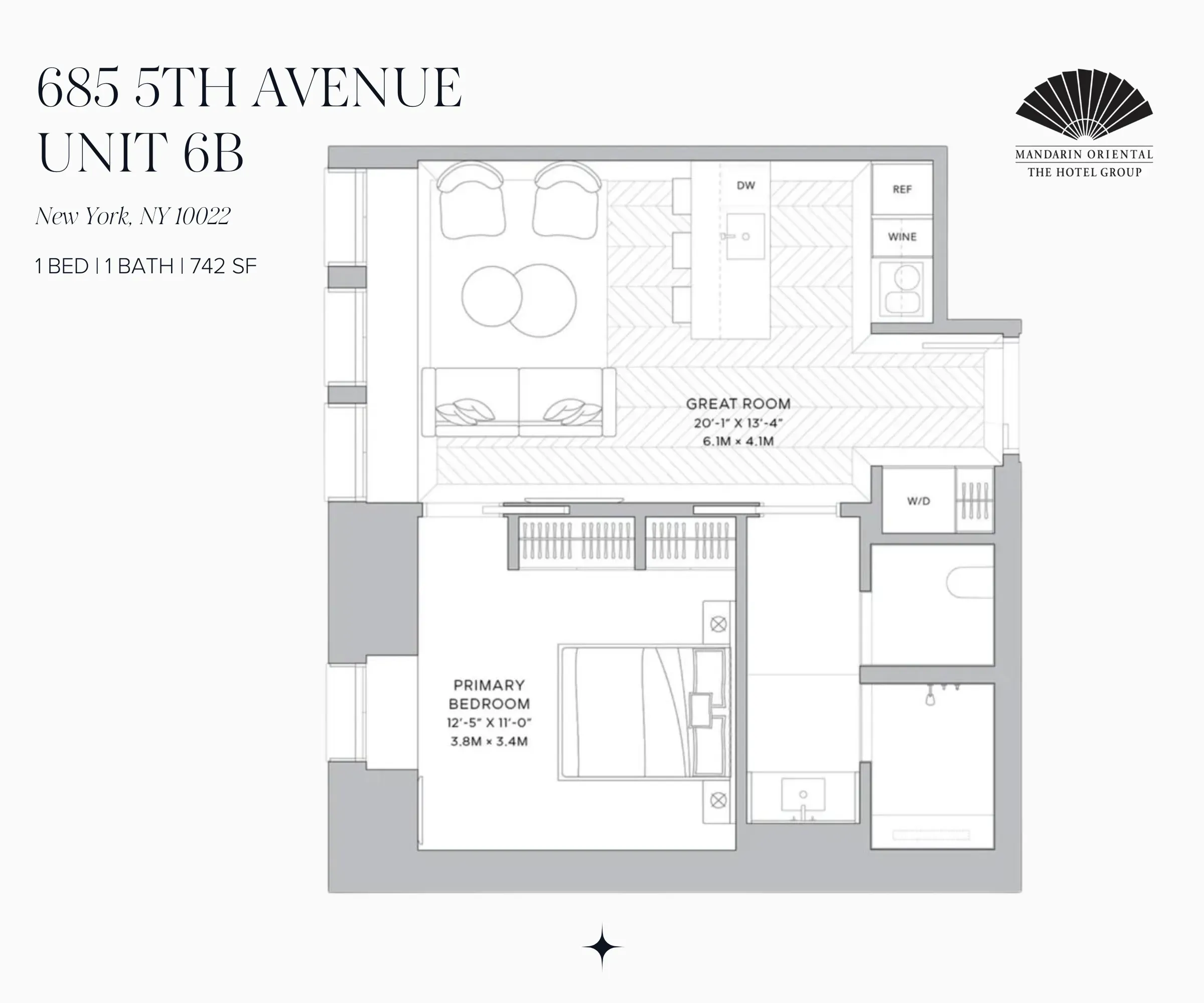 Floor plan for unit 6B at 685 Fifth Avenue, showing a bedroom, great room, kitchen, bathroom, and laundry.