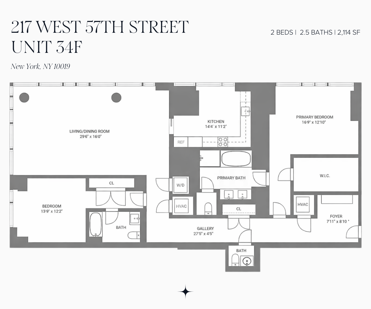 Floor plan for unit 34F at 217 West 57th Street, showing two bedrooms, a living/dining room, and kitchen.