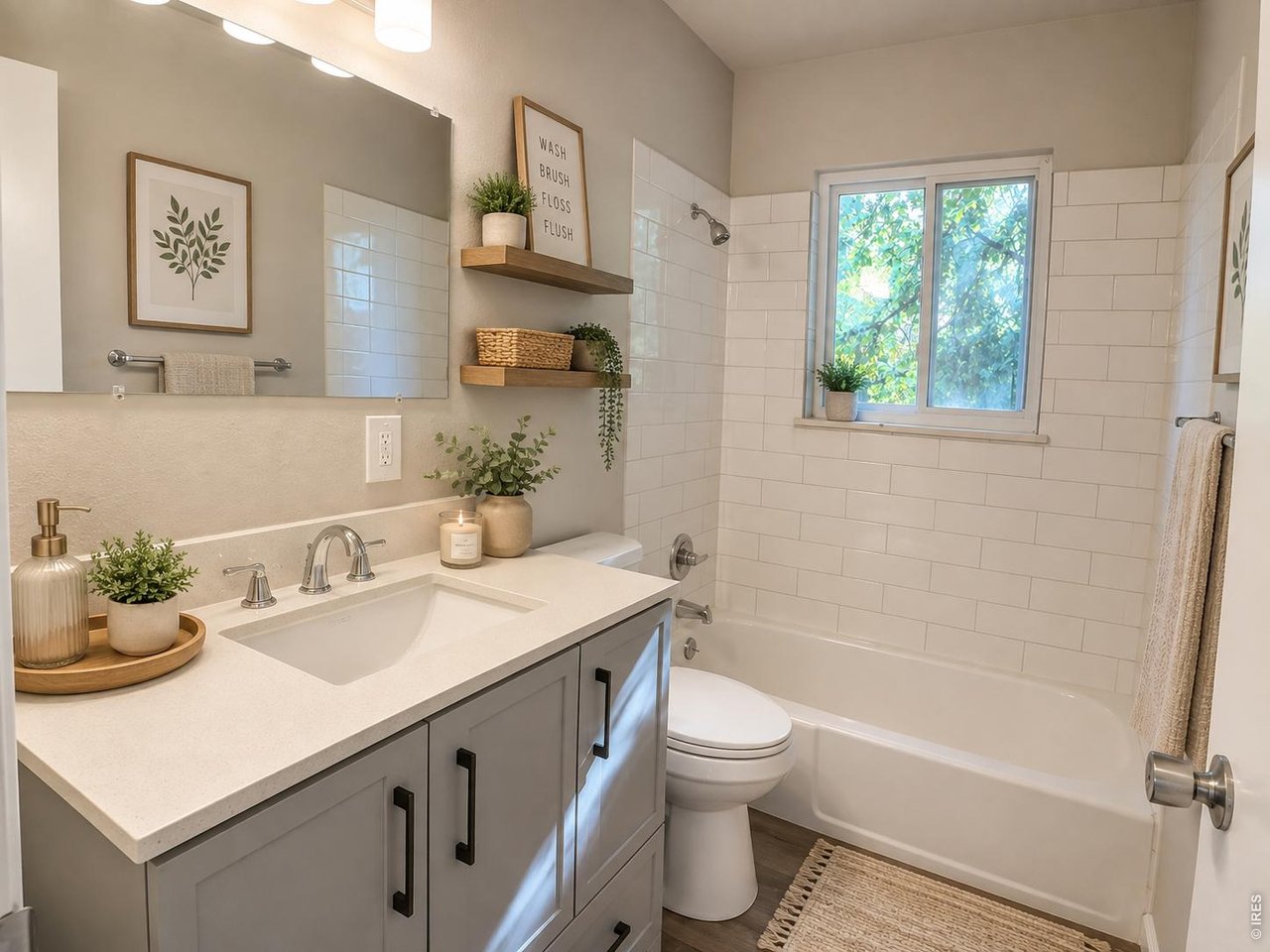 Bathroom with gray vanity, white subway-tile tub surround, and a window overlooking greenery.