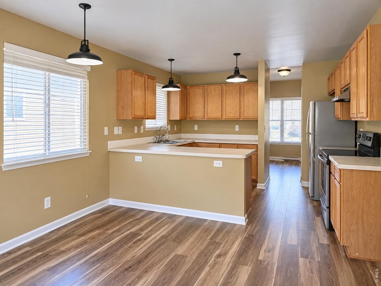 Kitchen with wood cabinets, a breakfast peninsula, stainless steel appliances, and wood-look flooring.