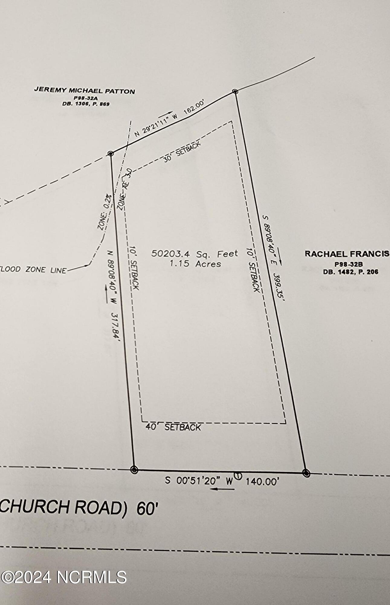 Survey plat of a 1.15-acre parcel showing boundary measurements, setbacks, and a flood-zone line.
