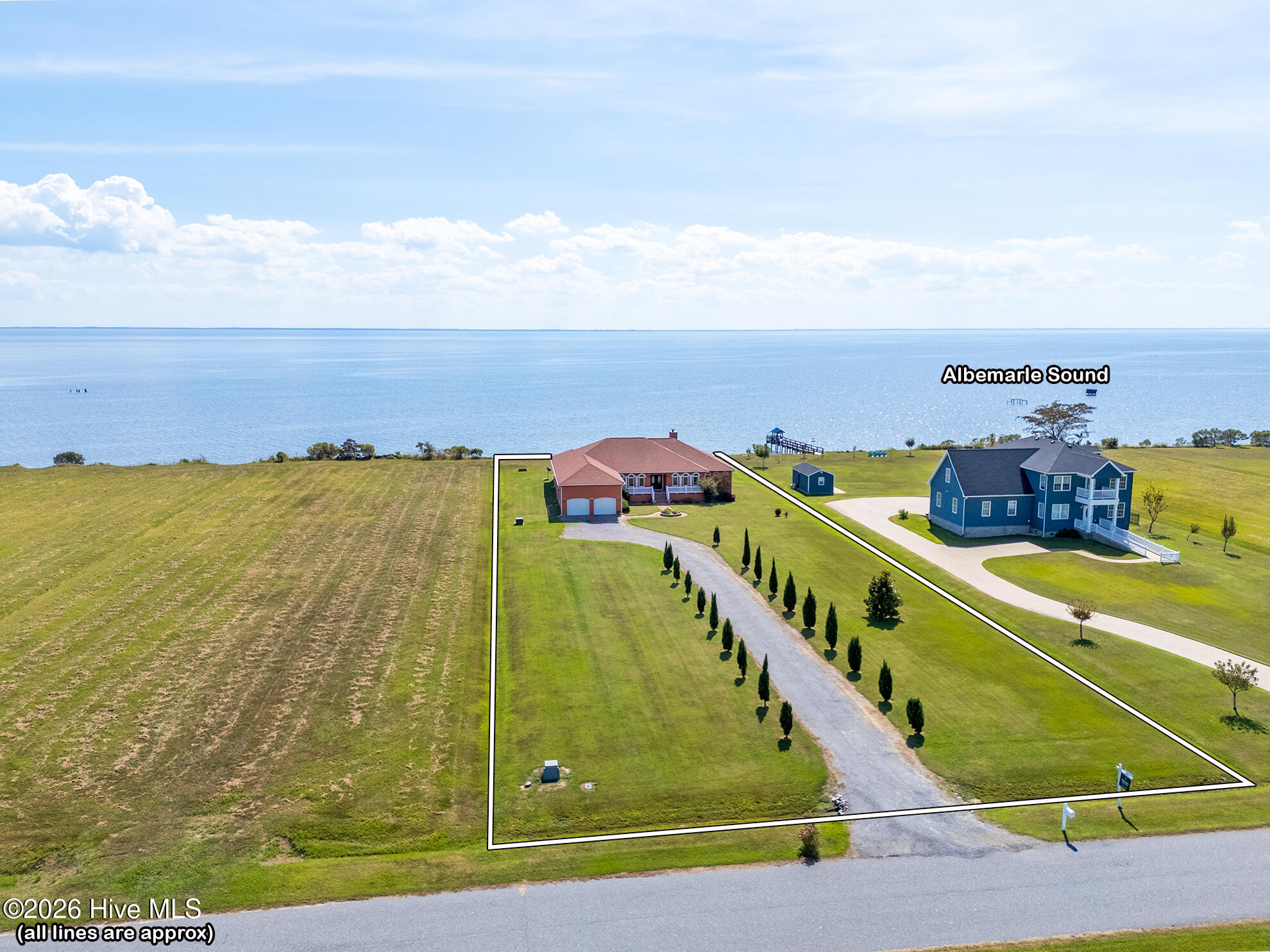Aerial view of a waterfront home and marked lot beside Albemarle Sound.