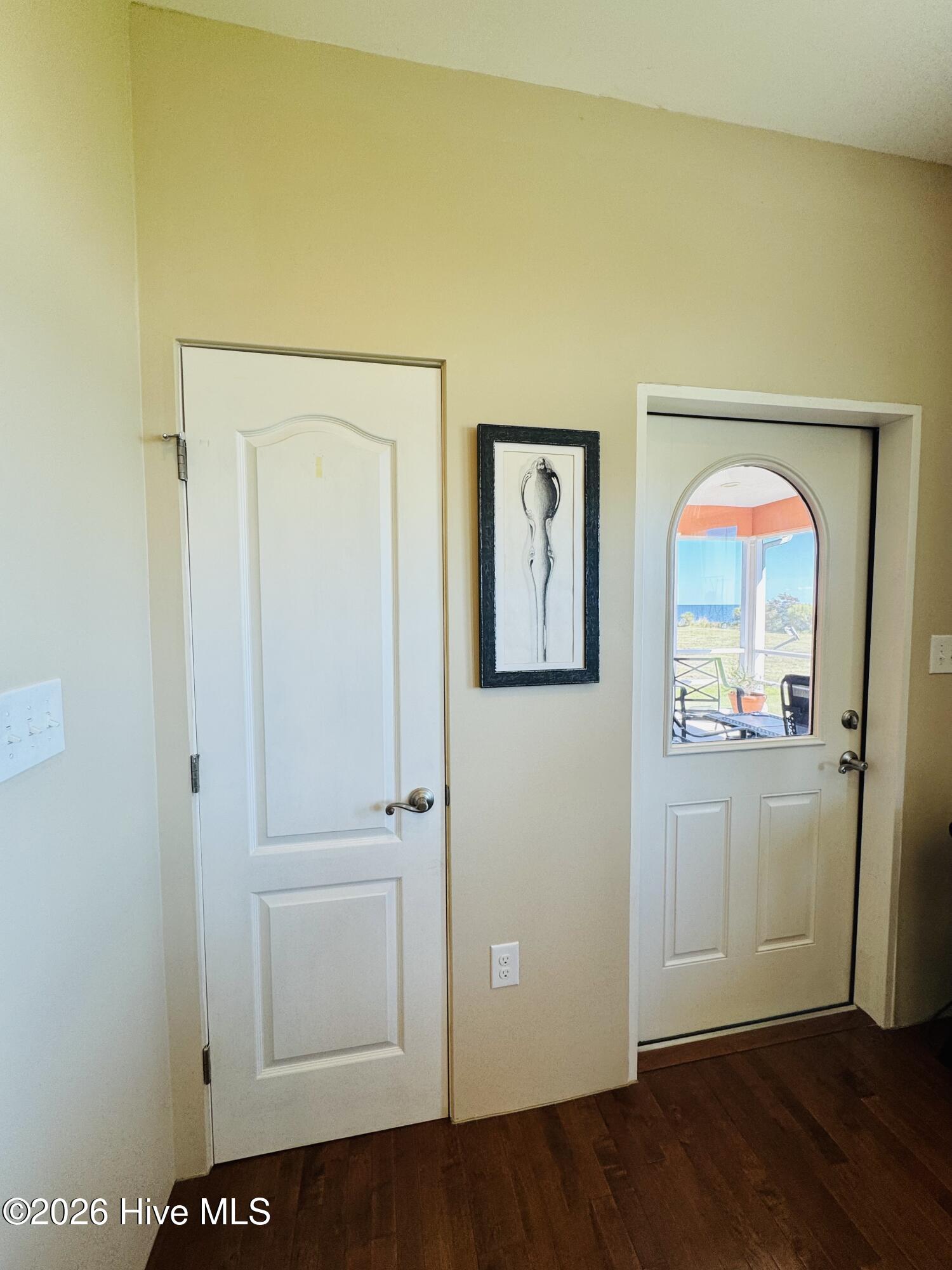 Entryway with two white doors, including one with an arched window overlooking a covered patio.