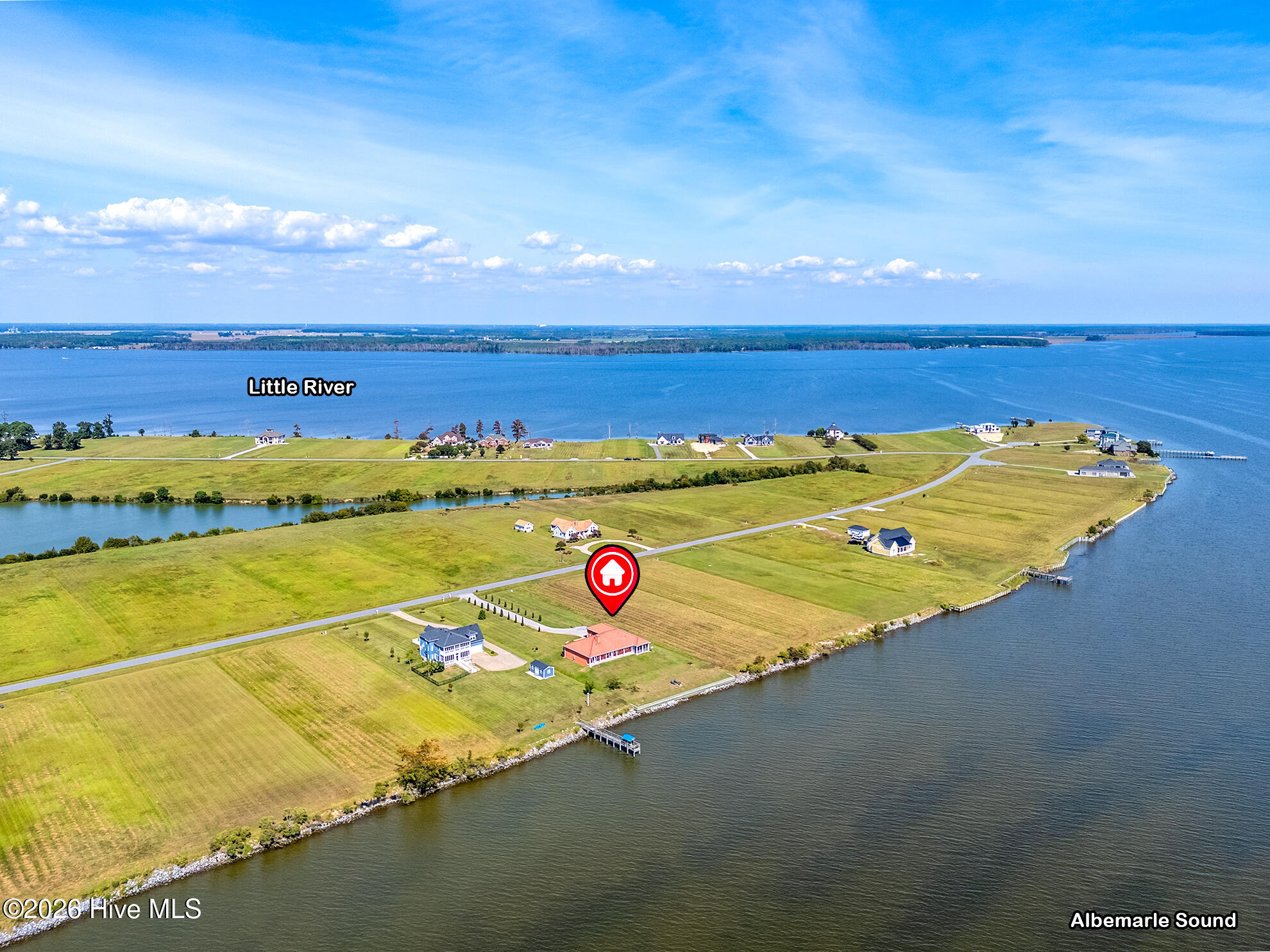 Aerial view of the waterfront property beside Albemarle Sound, marked near the shoreline.