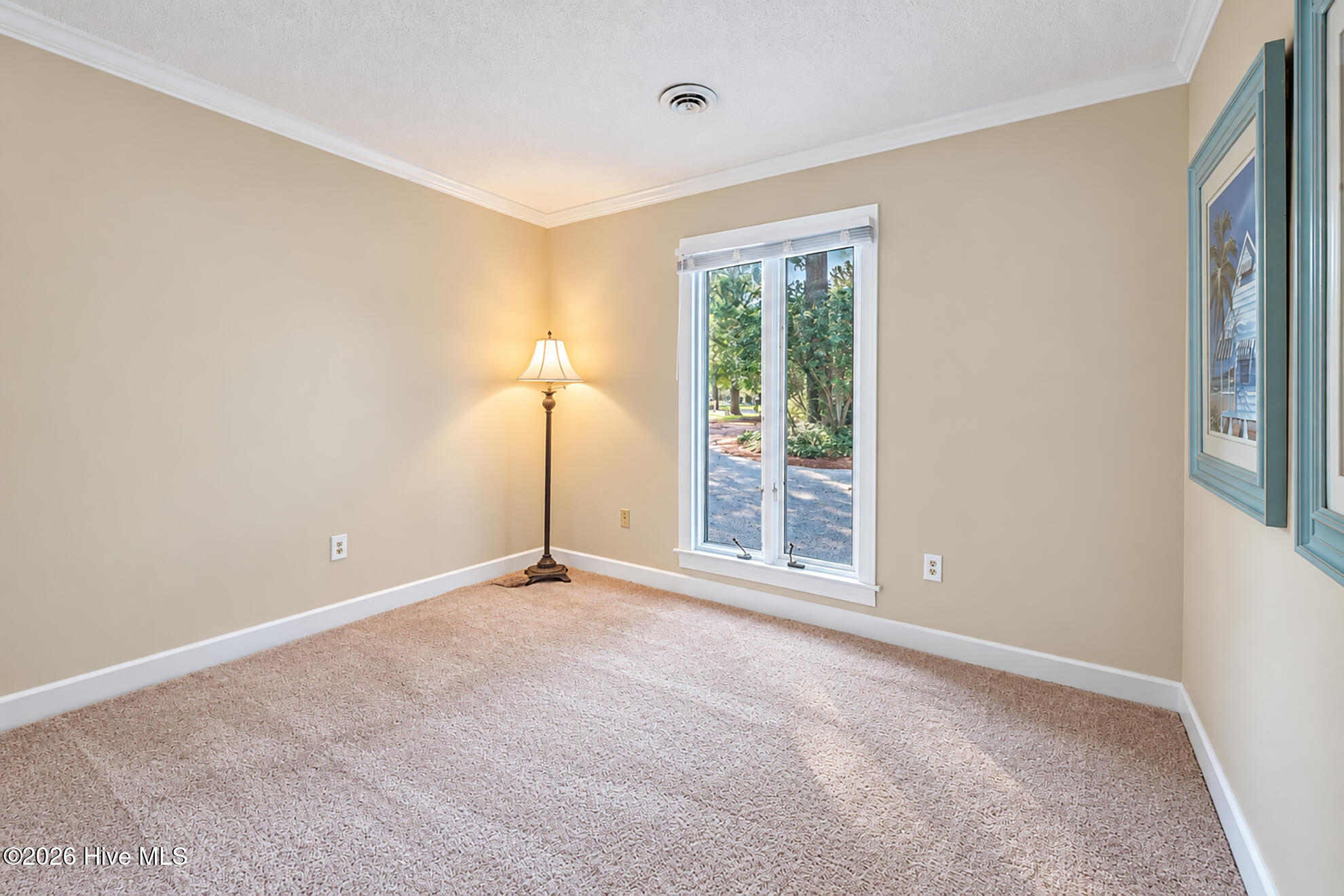 Mostly empty carpeted room with a tall window, floor lamp, and framed coastal artwork.