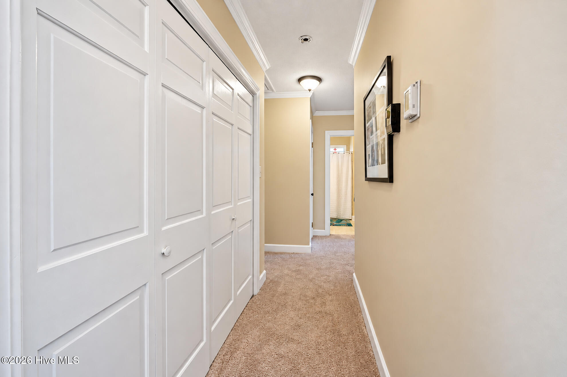 Hallway with white paneled closet doors, beige walls, and carpet leading to a bathroom.