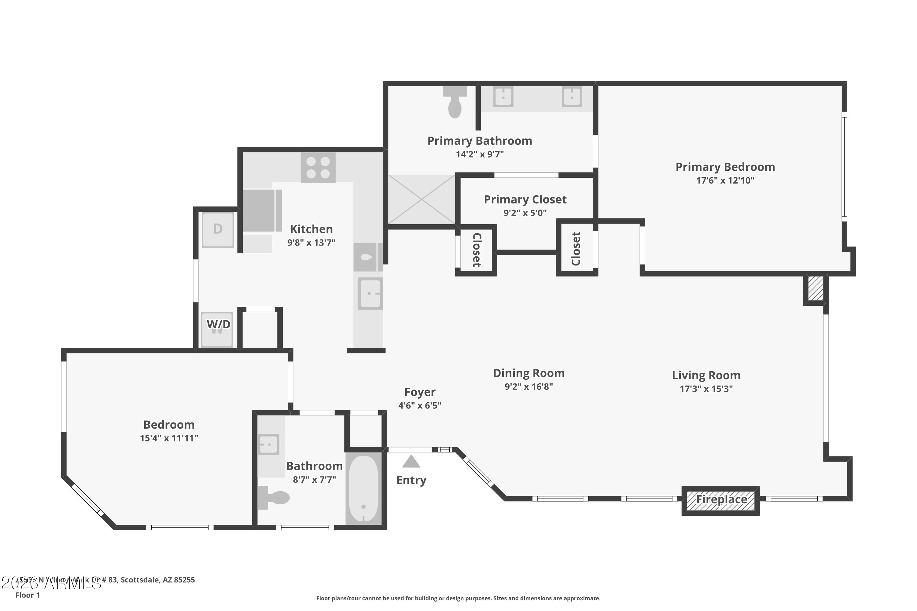 Labeled floor plan showing the residence’s bedroom, bathrooms, kitchen, dining room, and living room.
