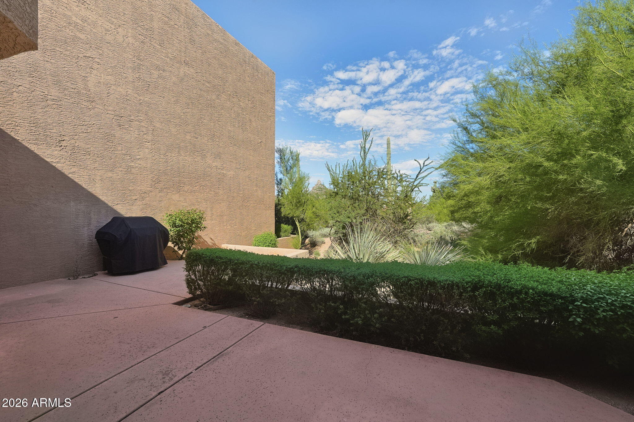 Patio beside a tan stucco home, with a covered grill and desert plants beyond a trimmed hedge.