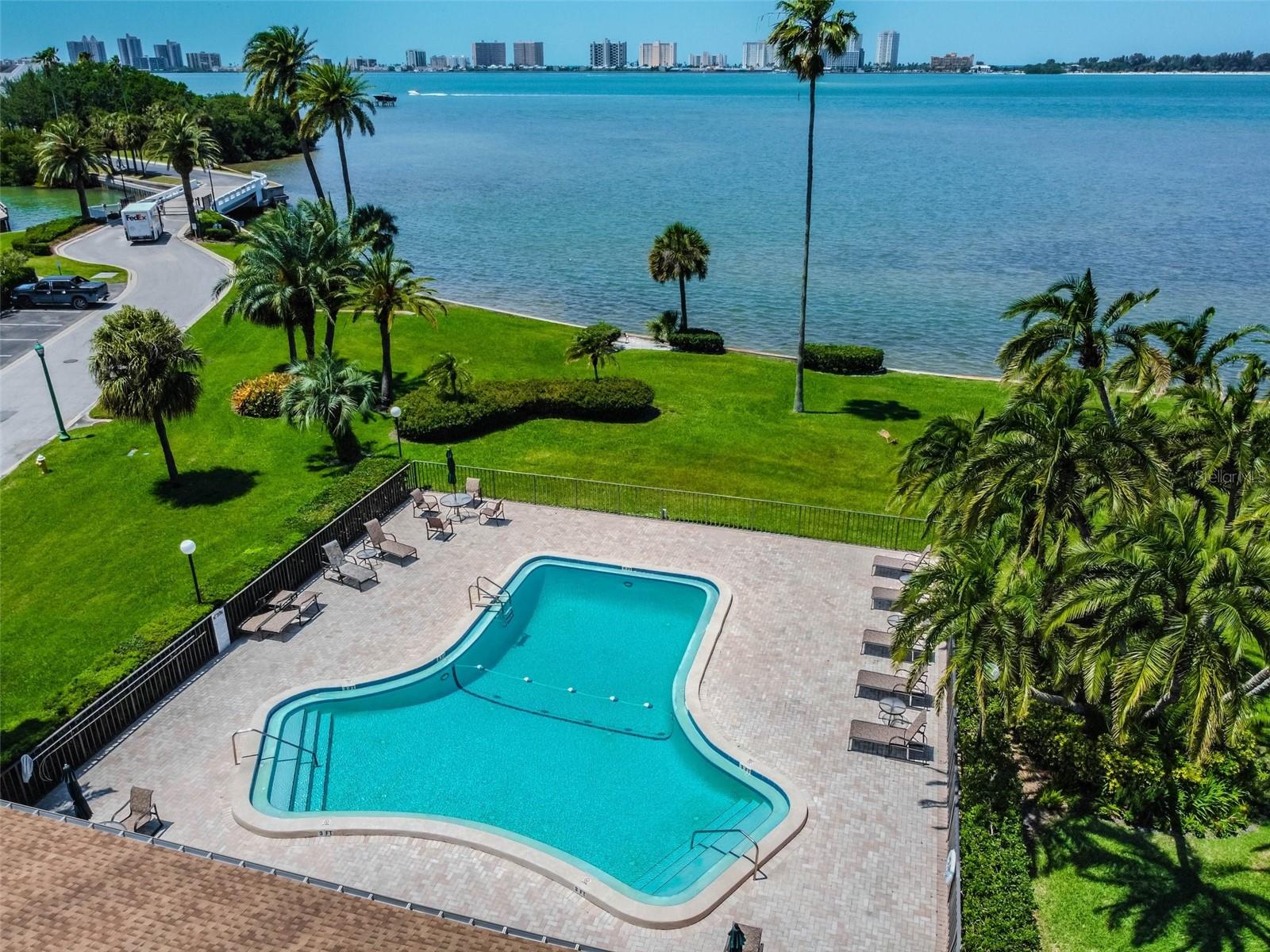 Aerial view of a waterfront pool and palm-lined grounds beside a bay.
