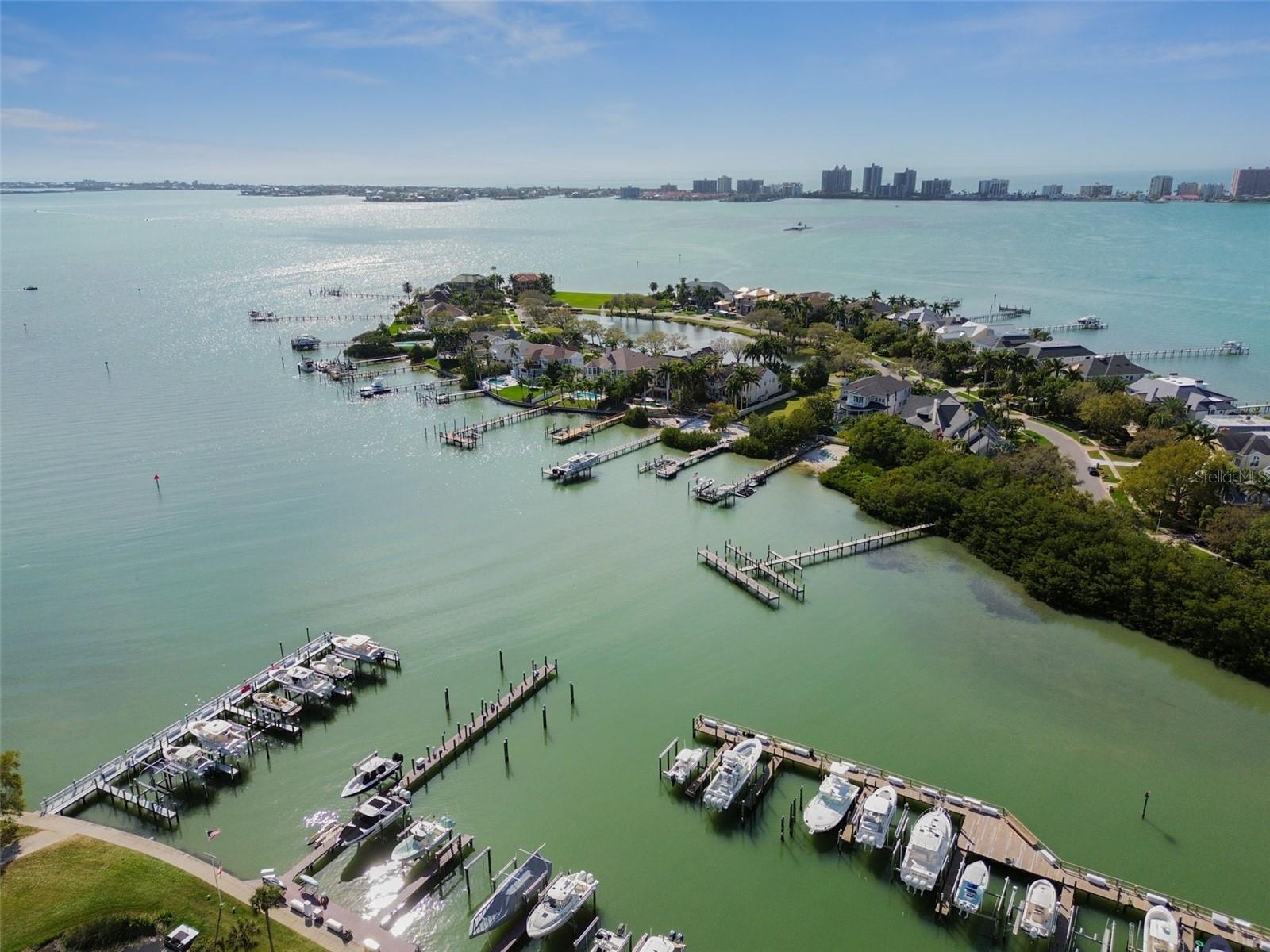 Waterfront homes and marina docks along the bay, with a distant city skyline.