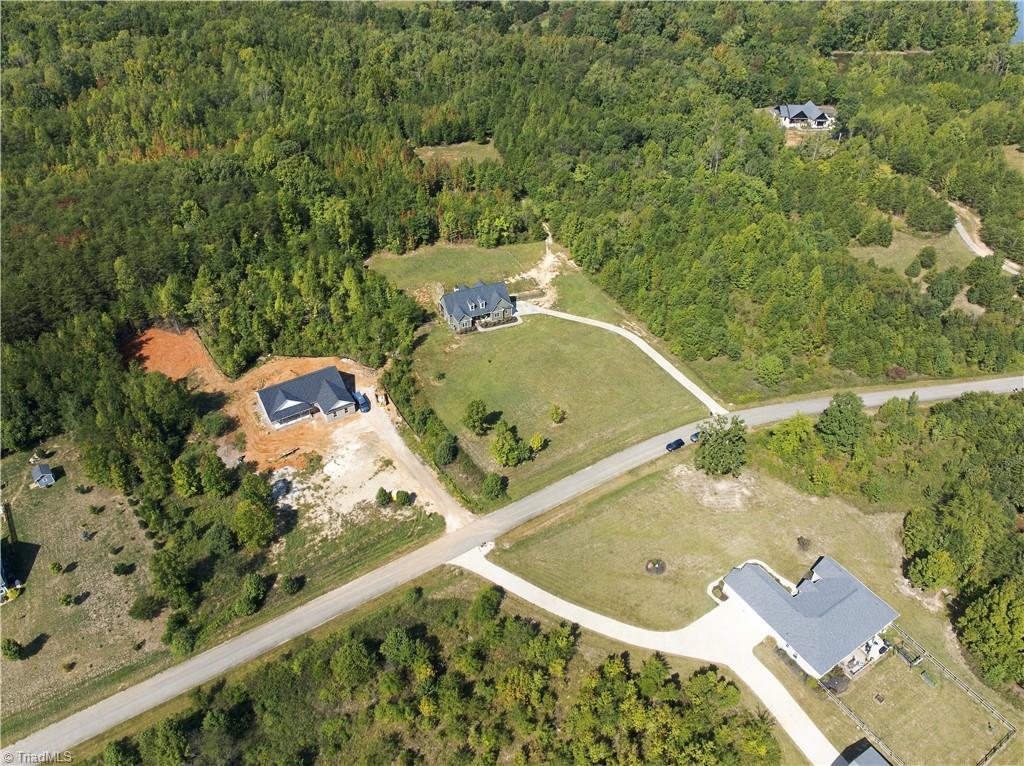 Aerial view of a house on a grassy lot, with a curved driveway and dense woods.