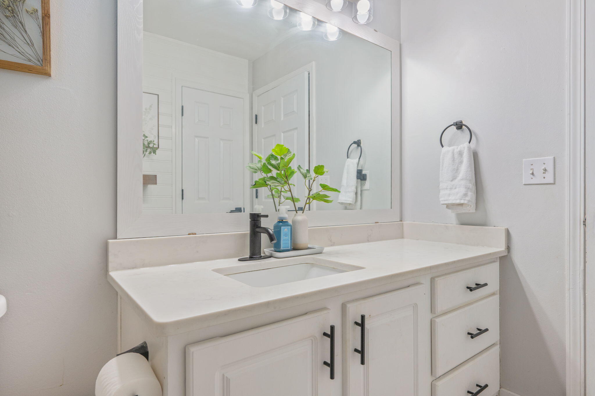 Bathroom vanity with white cabinetry, a large mirror, black faucet, and a small potted plant.