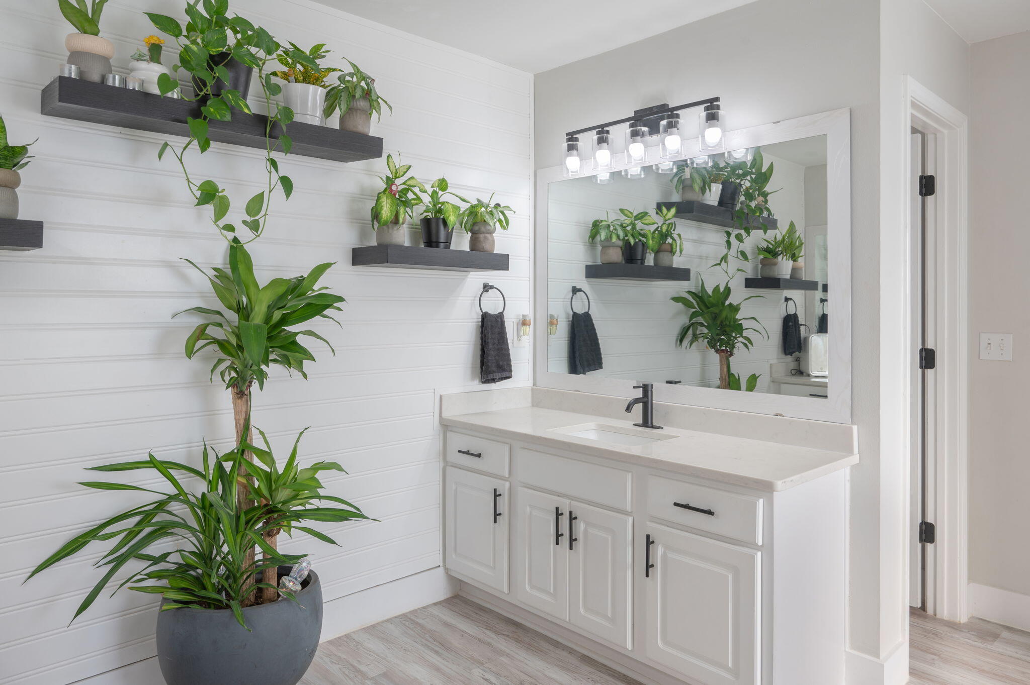 Bathroom vanity with a large mirror, black fixtures, white cabinetry, and leafy plants.