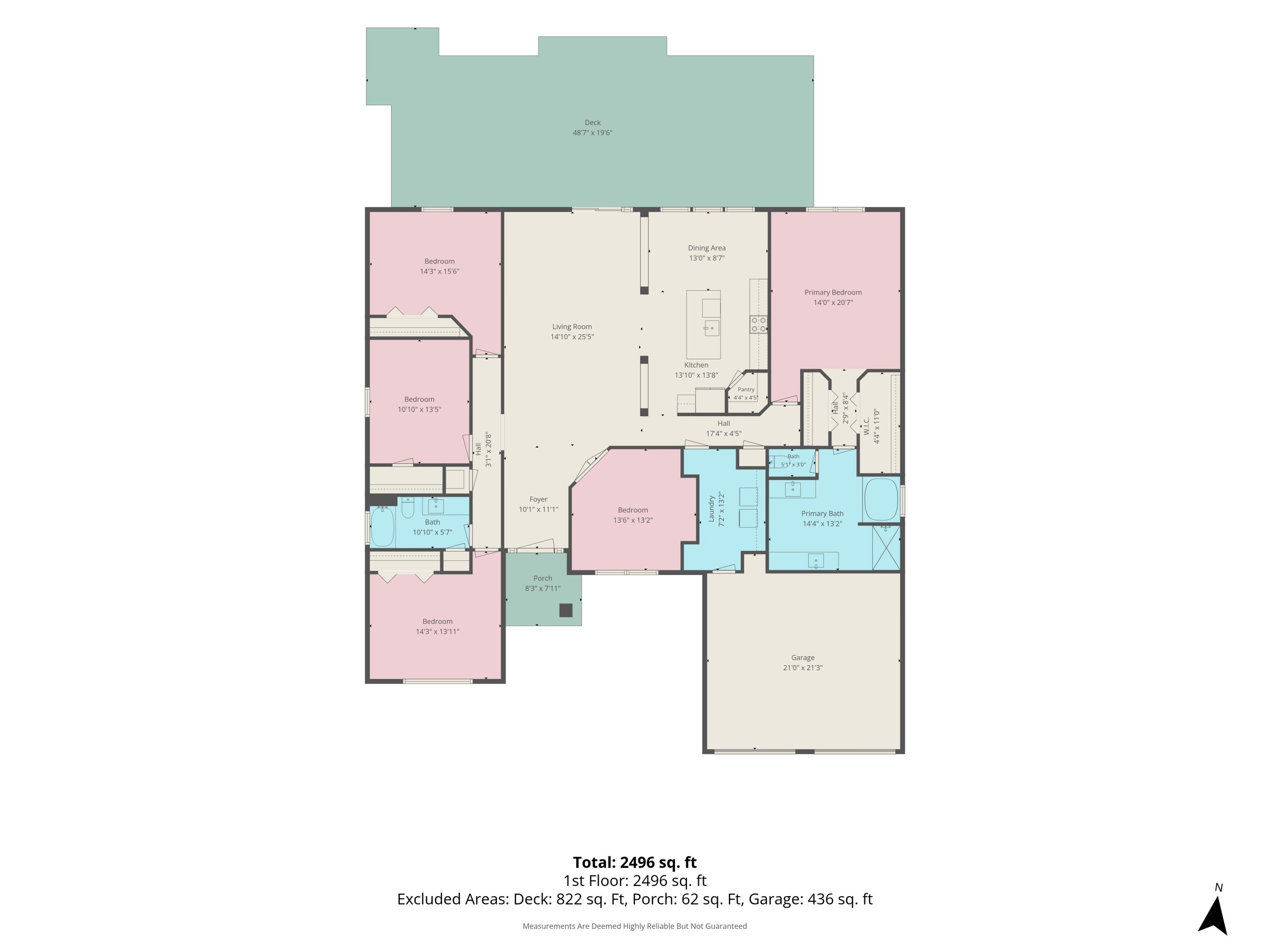 First-floor plan showing four bedrooms, two bathrooms, an open living and dining area, deck, porch, and garage.