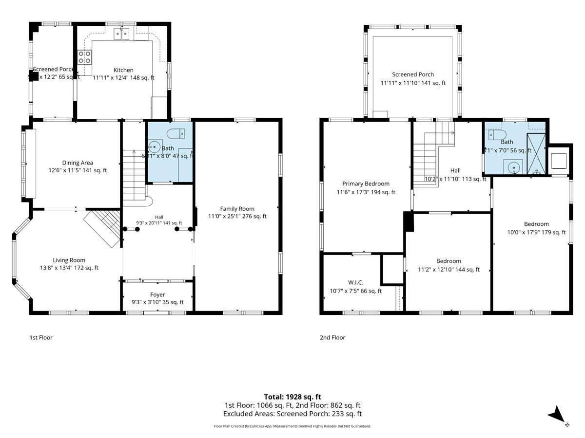 Two-story floor plan showing living areas, bedrooms, bathrooms, and screened porches.