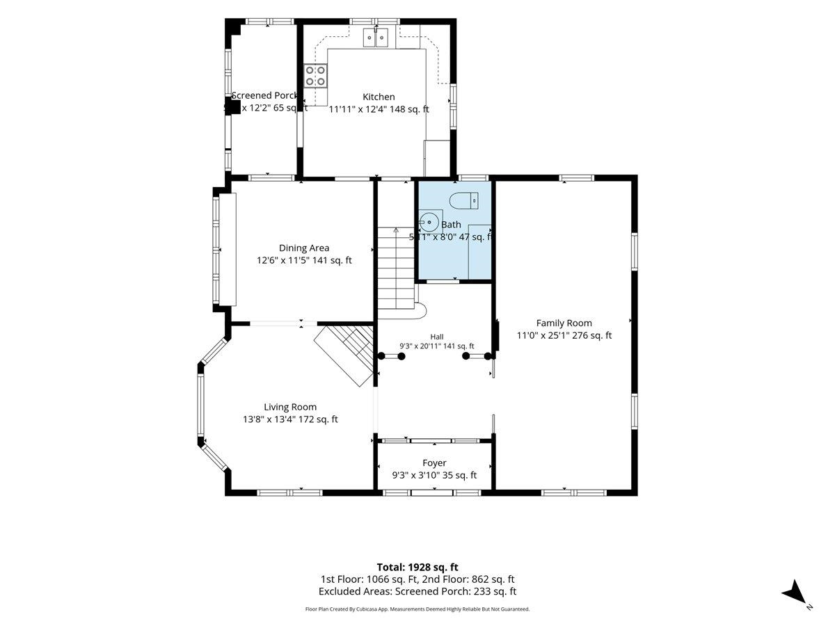 Labeled floor plan showing living and dining areas, kitchen, family room, bath, foyer, and screened porch.