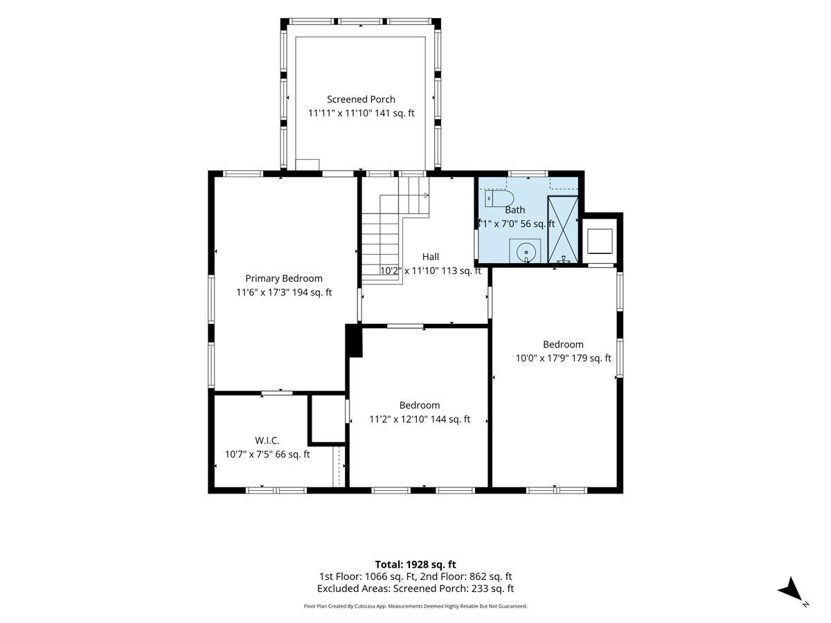 Floor plan showing three bedrooms, a bath, hall, walk-in closet, and screened porch.