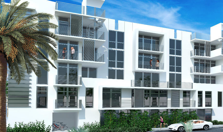 Modern white condominium building with glass balconies, a palm tree, and a white car at the curb.