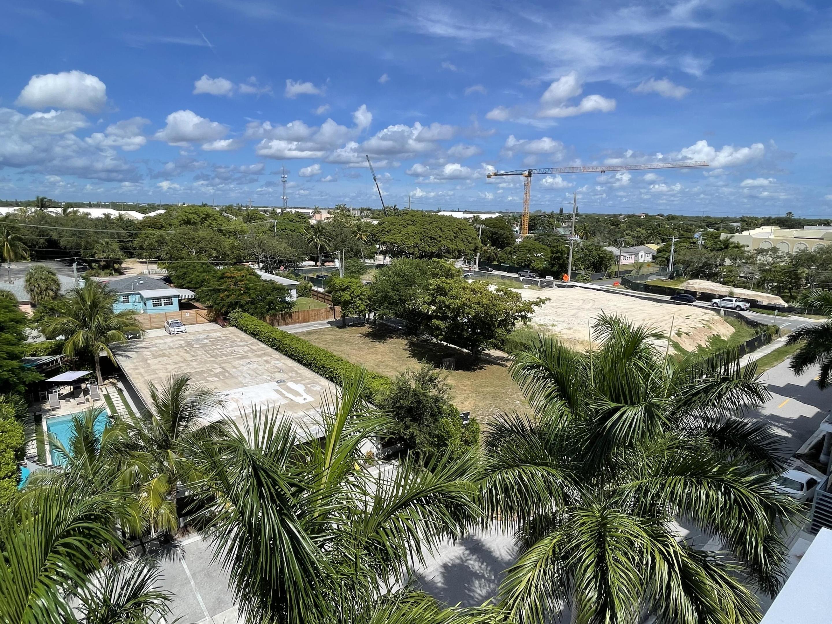 Elevated neighborhood view framed by palm trees, with a pool below and construction cranes in the distance.