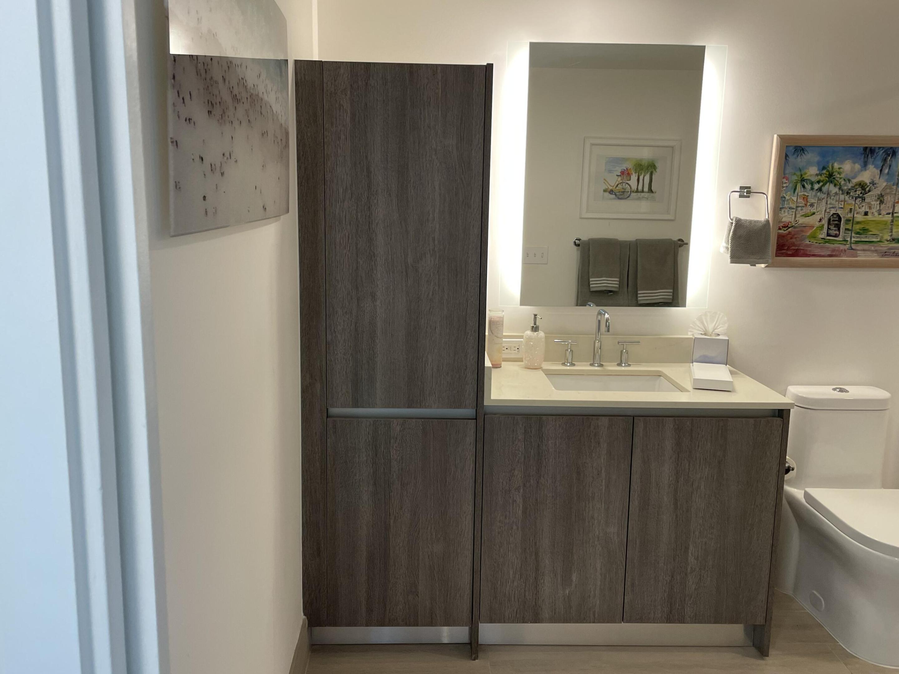 Bathroom with dark wood vanity, illuminated mirror, light countertop, and framed tropical artwork.
