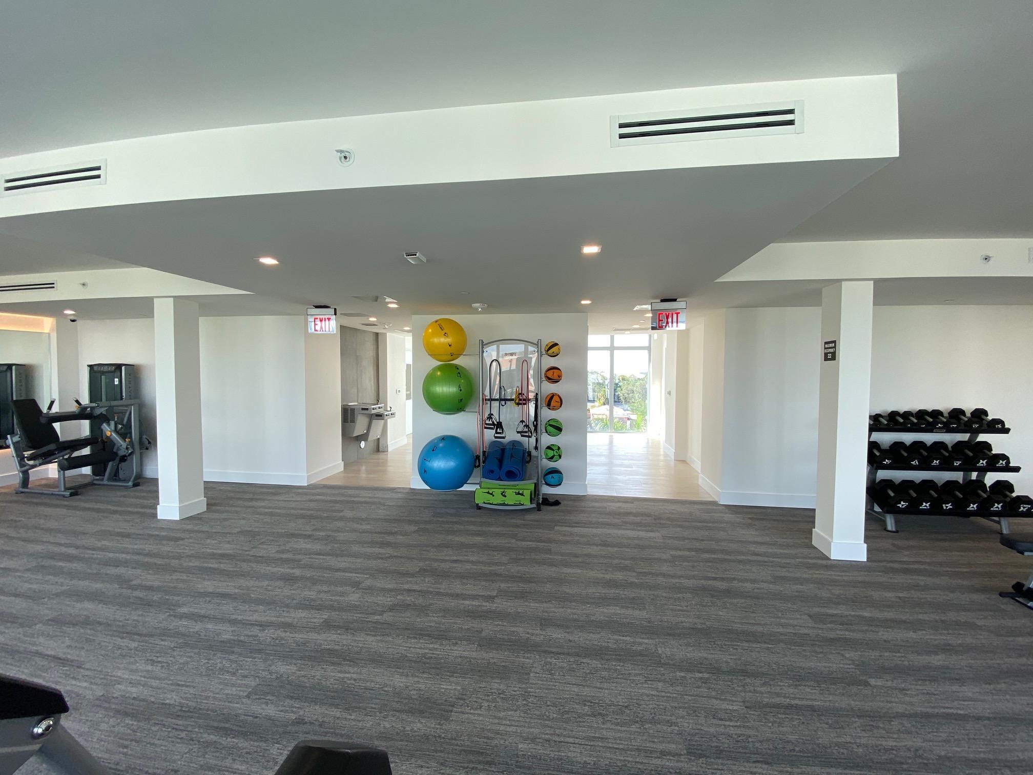 Condominium fitness room with dumbbell racks, exercise machines, and colorful stability balls.