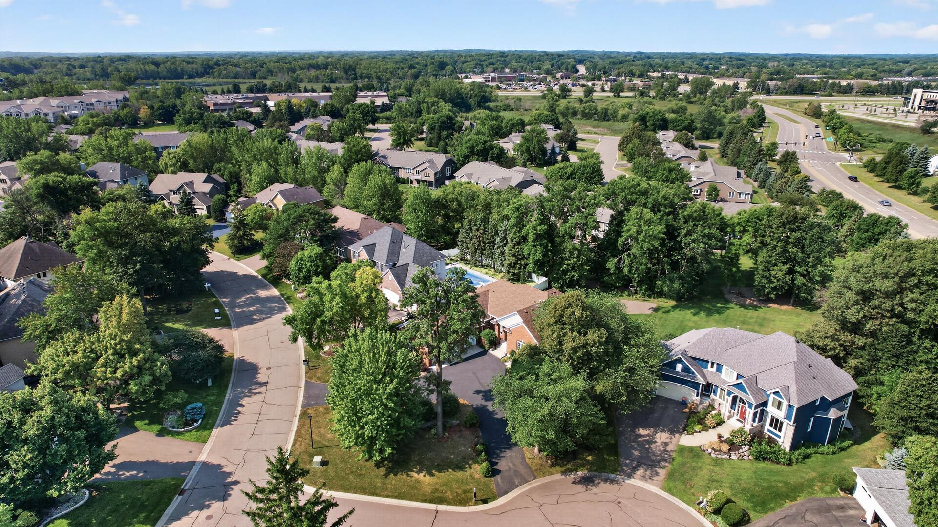 Aerial view of a leafy neighborhood with a blue two-story home beside a curving residential street.