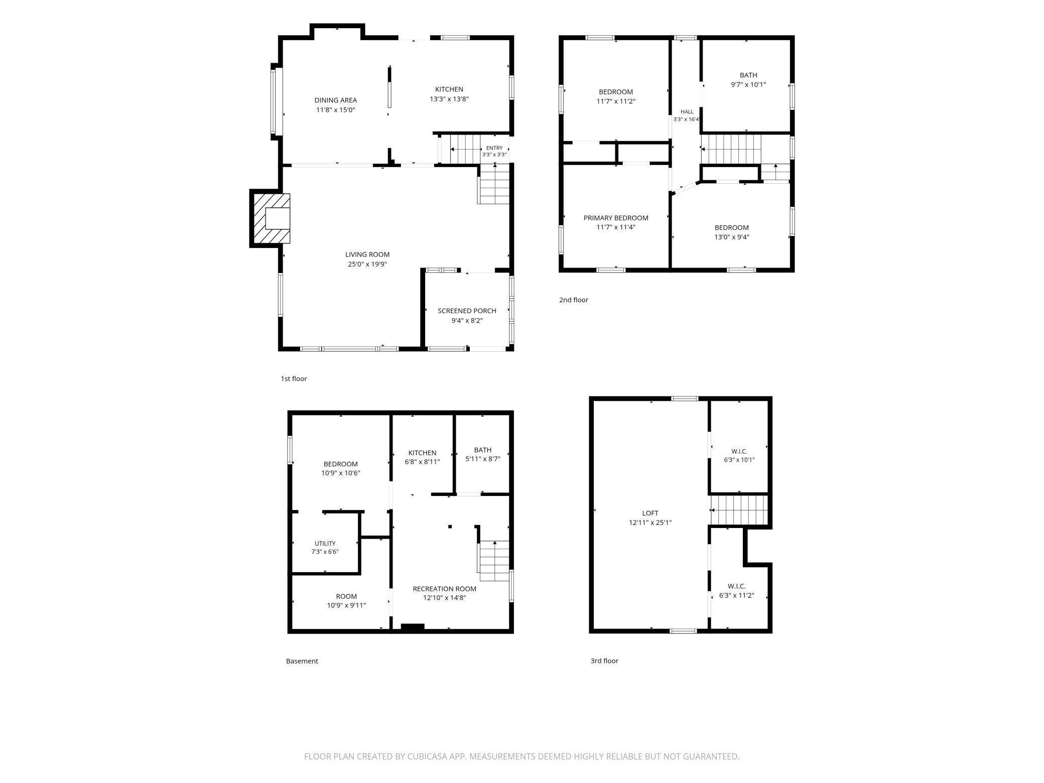 Four-level home floor plan with a screened porch, basement recreation room, and third-floor loft.