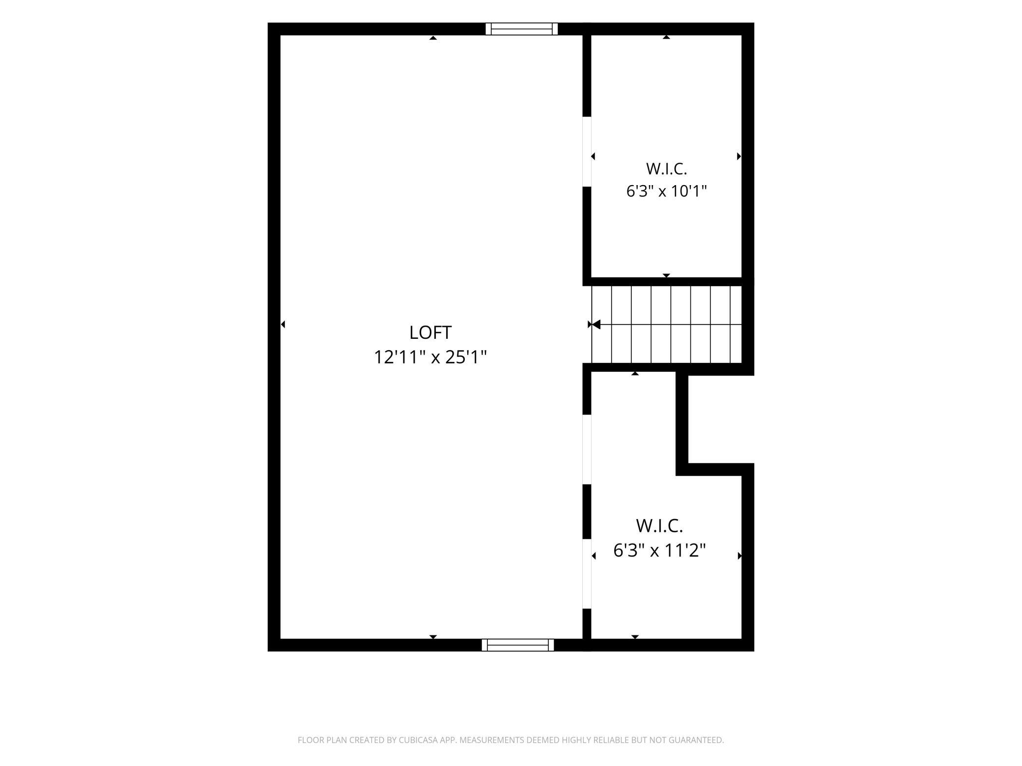 Floor plan of a loft with two walk-in closets and a staircase.