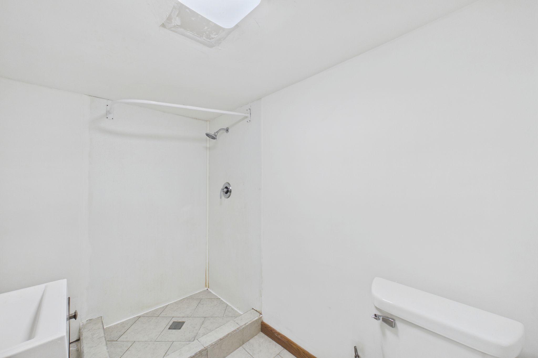 White bathroom with a tiled corner shower beneath a skylight and a grab bar beside the toilet.