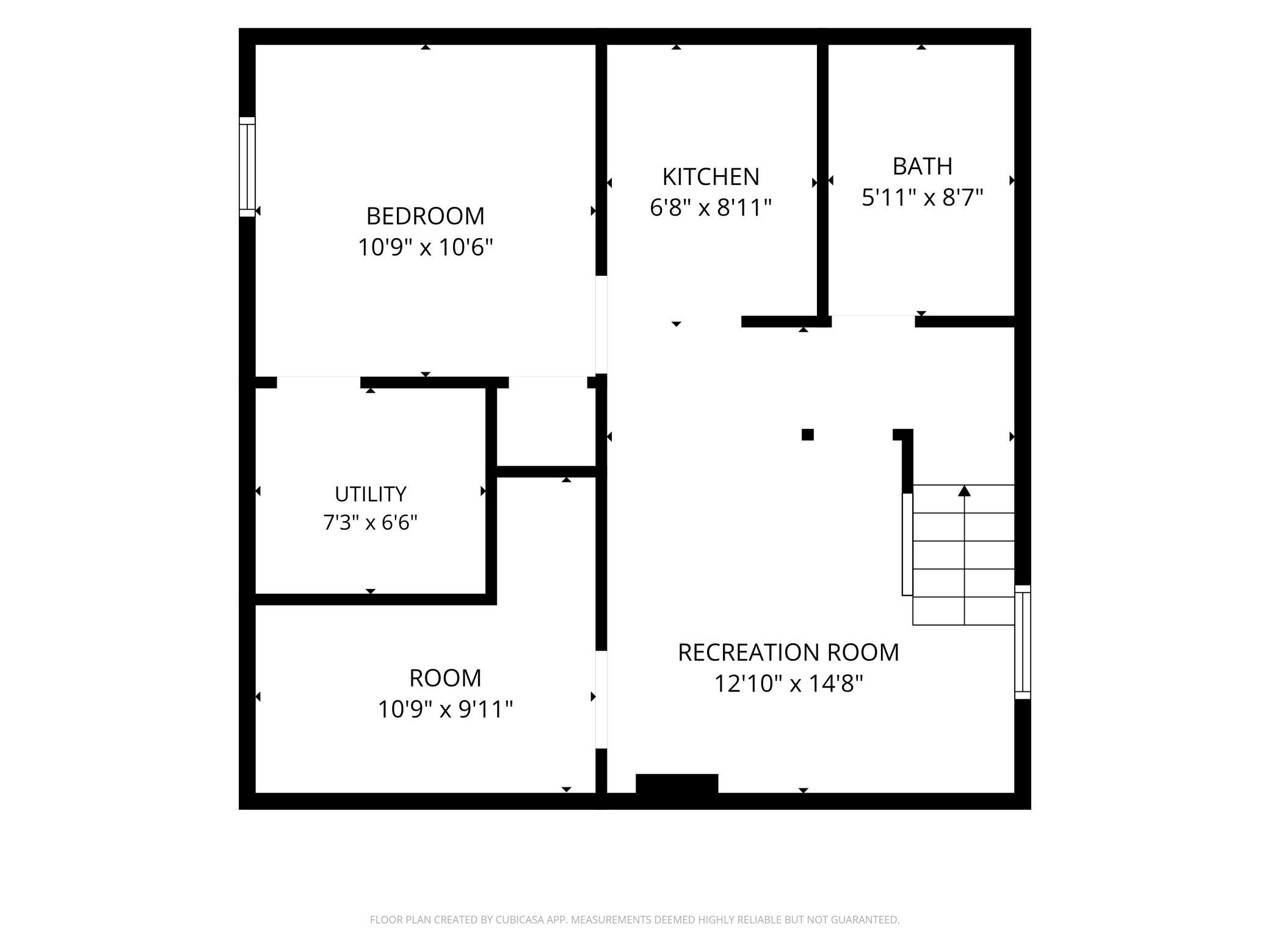 Floor plan with a bedroom, kitchen, bath, utility room, additional room, and recreation room with labeled dimensions.