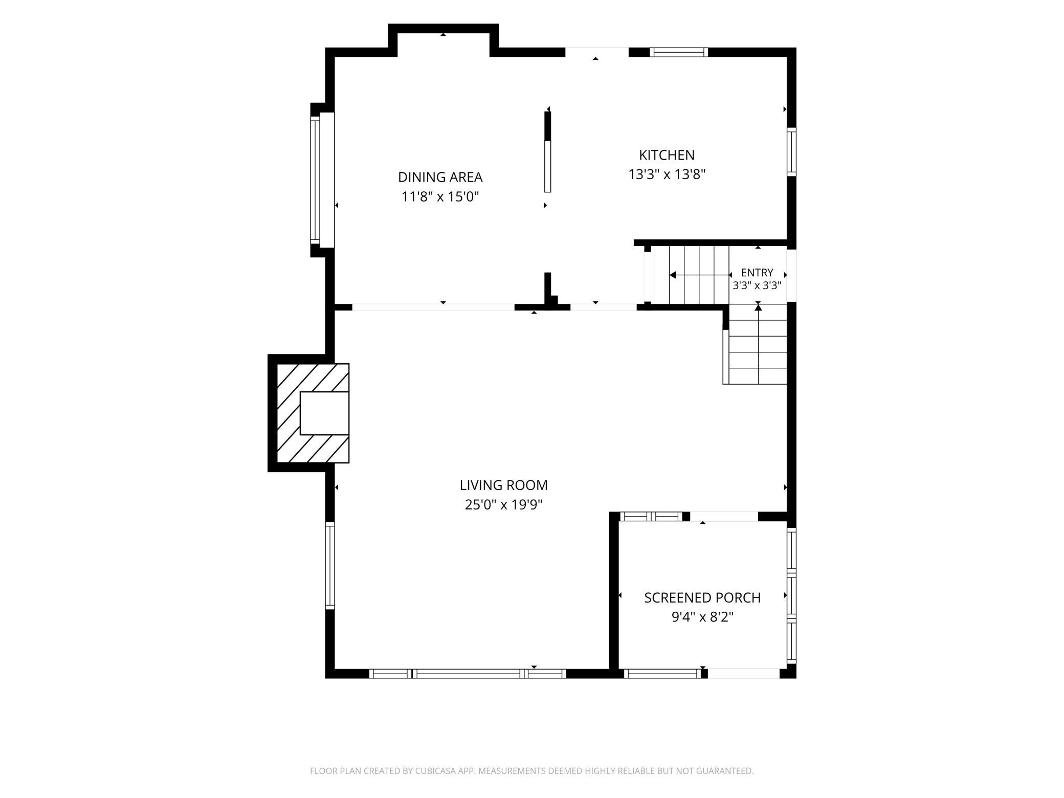 Floor plan showing the dining area, kitchen, entry, living room, and screened porch.