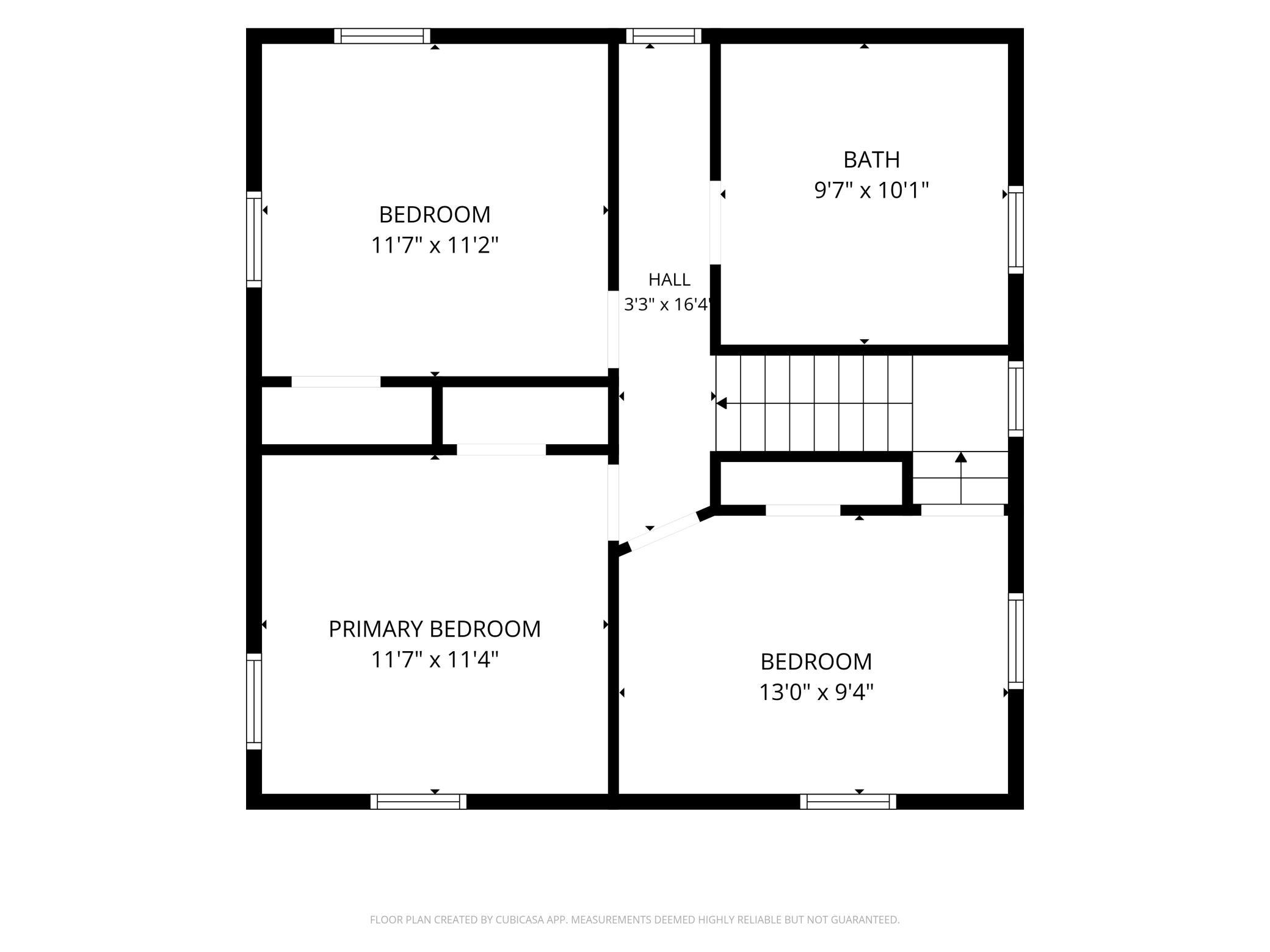 Upper-level floor plan with a primary bedroom, two bedrooms, bathroom, hall, and stairs.