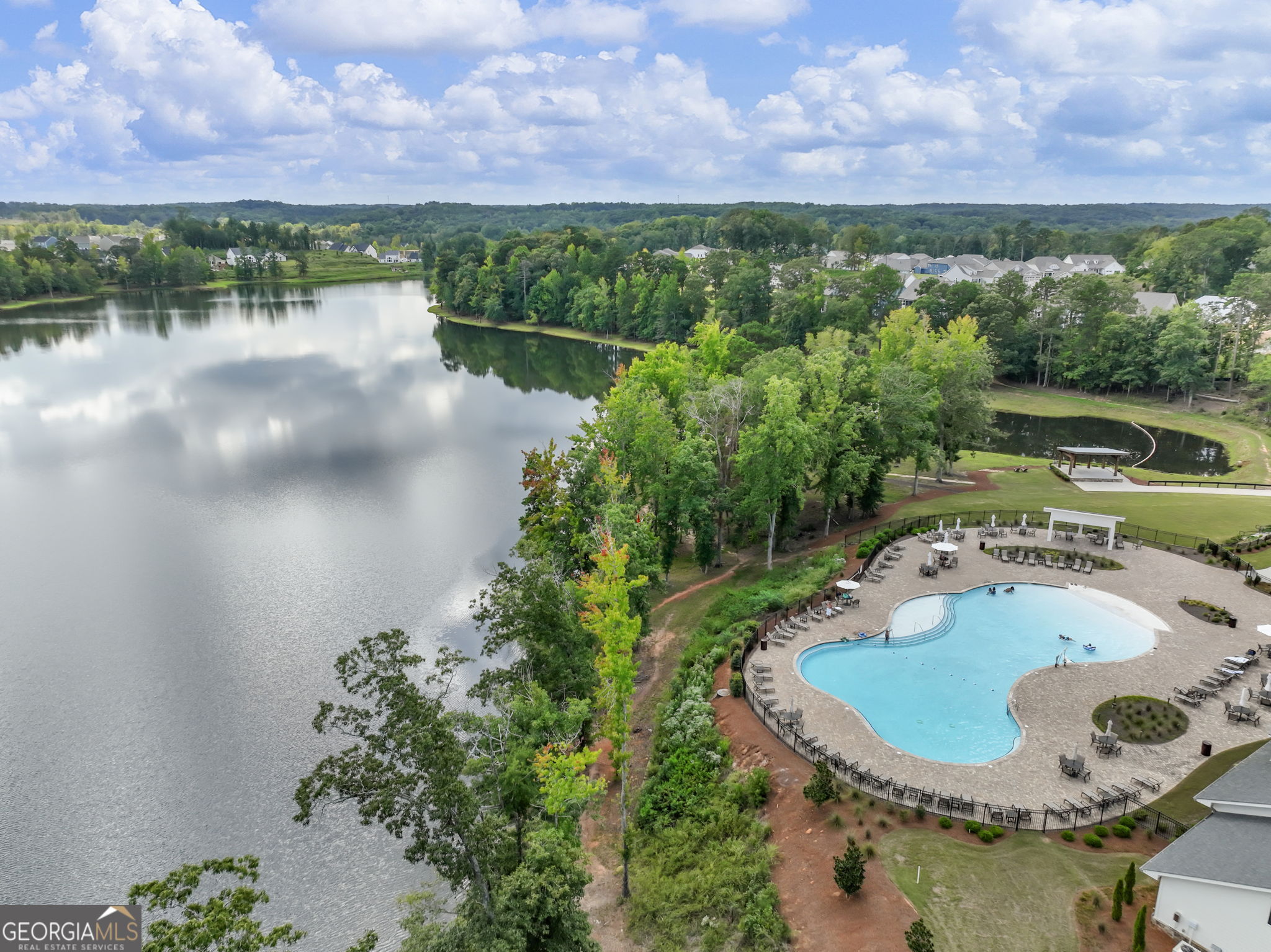 Aerial view of a community lake and swimming pool, with wooded shoreline and homes in the distance.