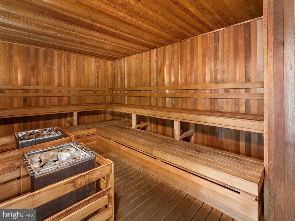 Wood-paneled sauna with tiered benches and two stone-filled heater boxes.