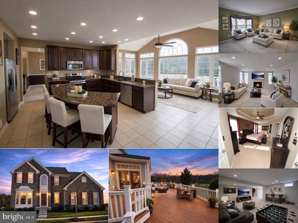 Home collage featuring a dark-wood kitchen, bright living room, stone exterior, and sunset deck.