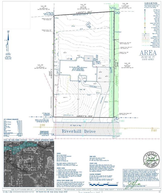 Land survey showing a house, lot boundaries, contour lines, and Riverhill Drive.