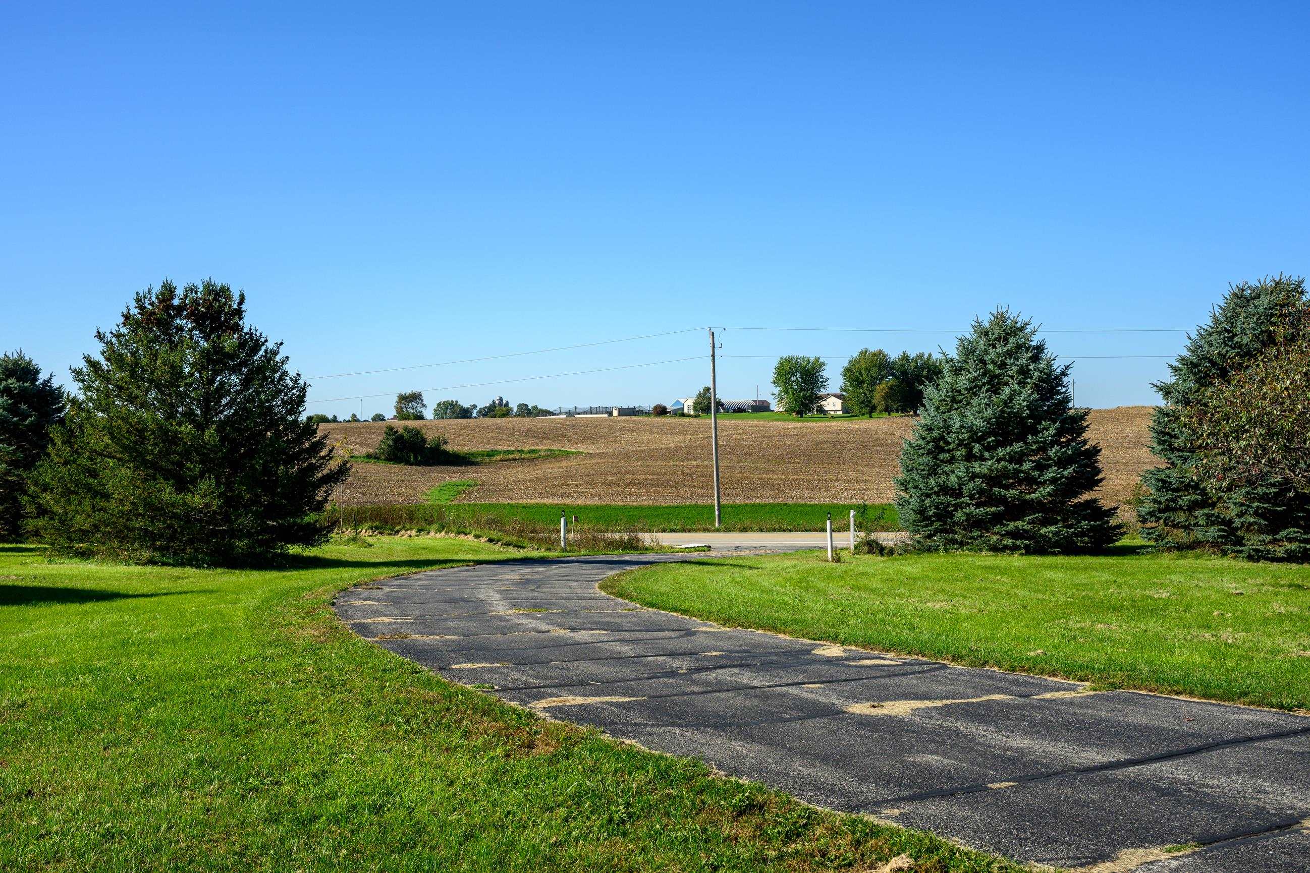Curving paved driveway bordered by lawn, evergreen trees, and open farmland.