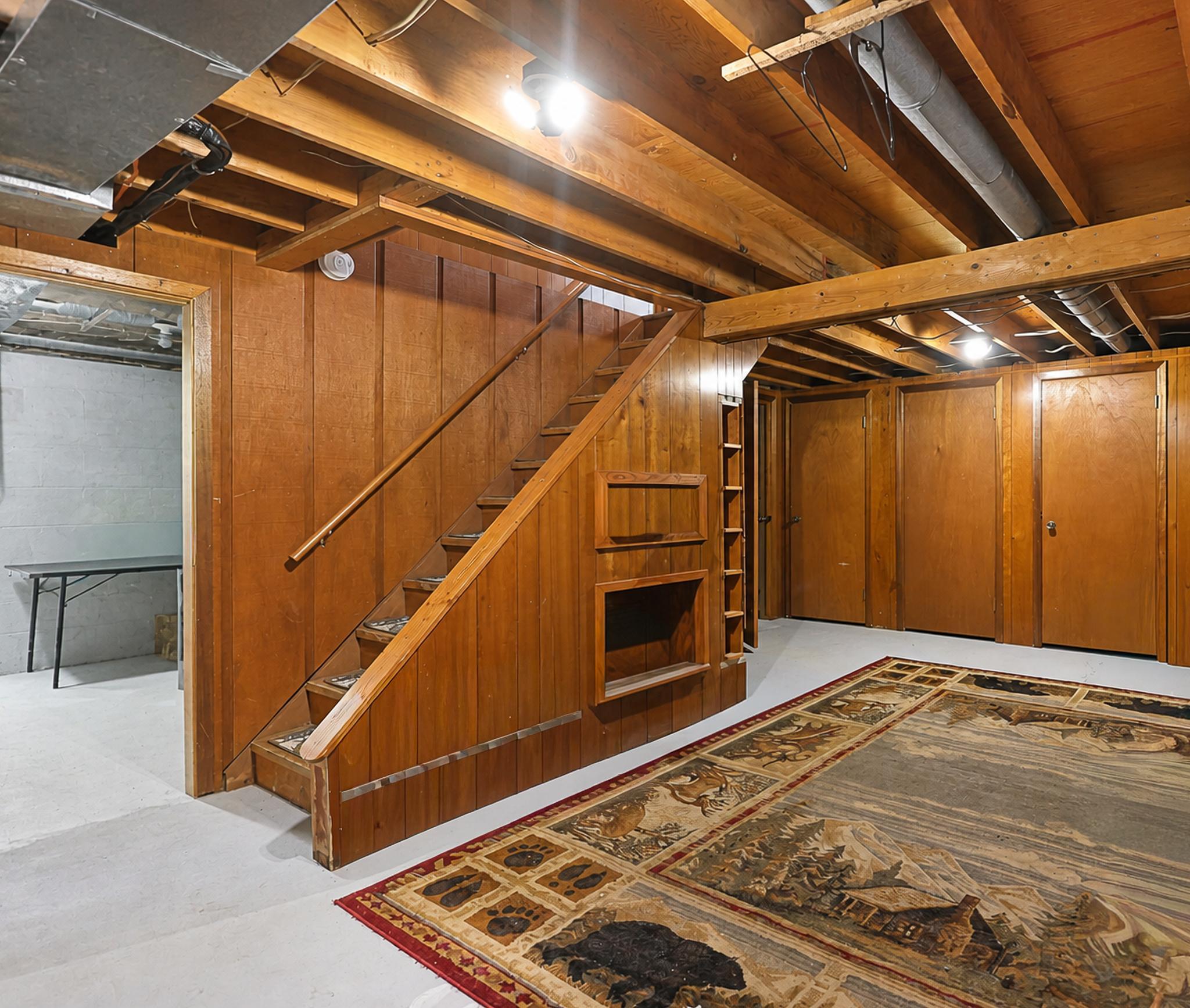 Wood-paneled basement with an open staircase, exposed ceiling joists, and a patterned area rug.