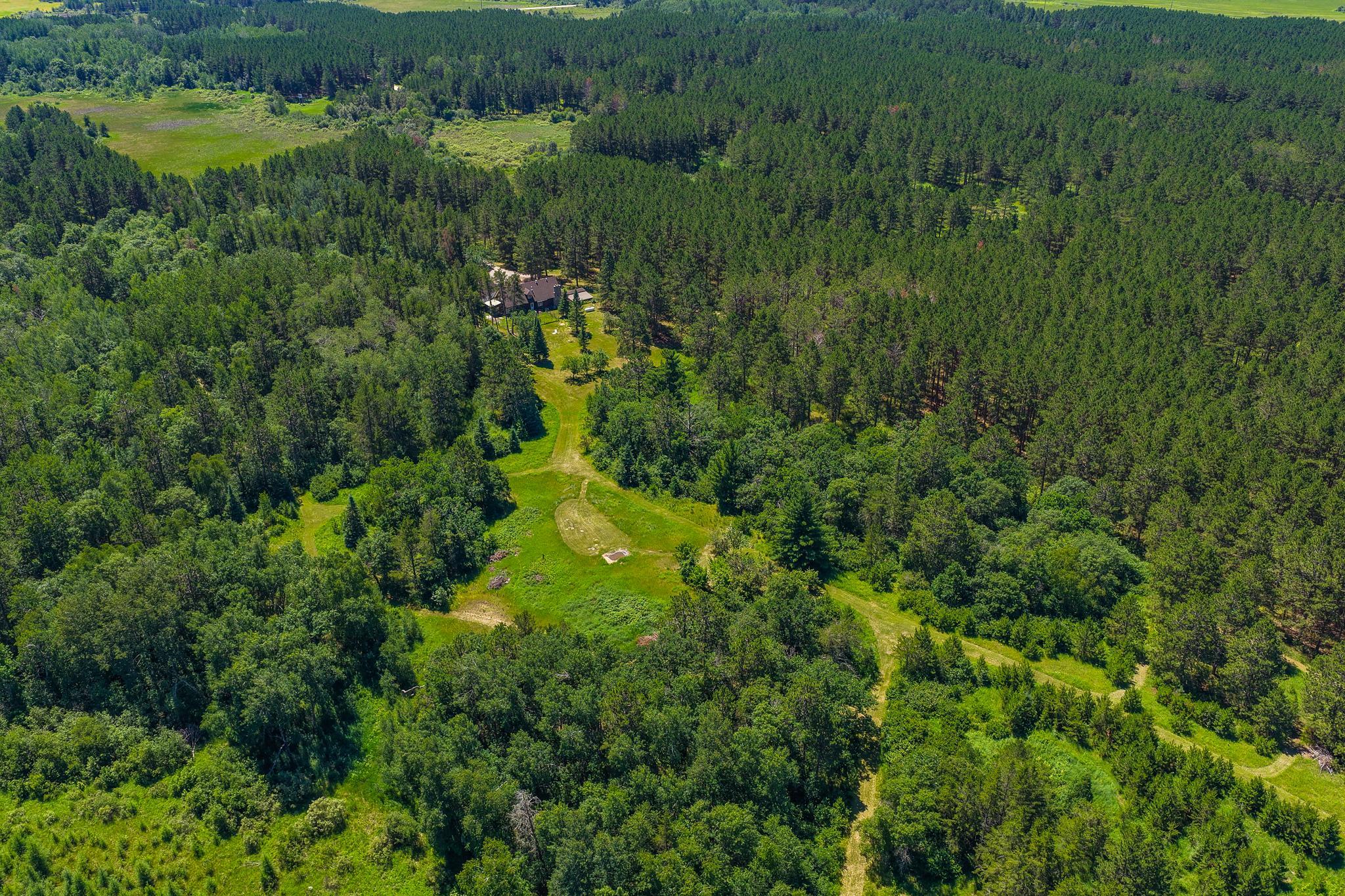 Aerial view of a home nestled in dense woods beside a long grassy clearing and winding drive.