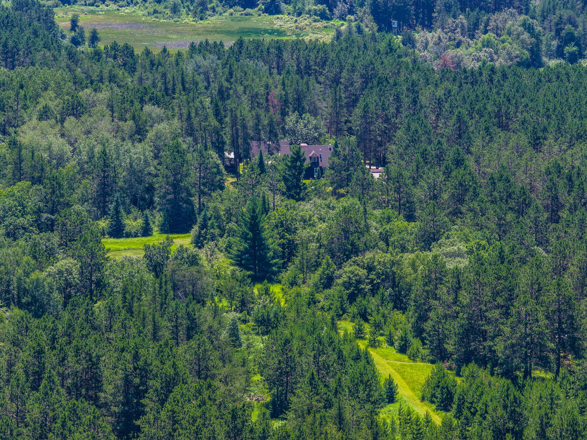 Aerial view of a home tucked into dense woods, with a winding grassy path through a clearing.