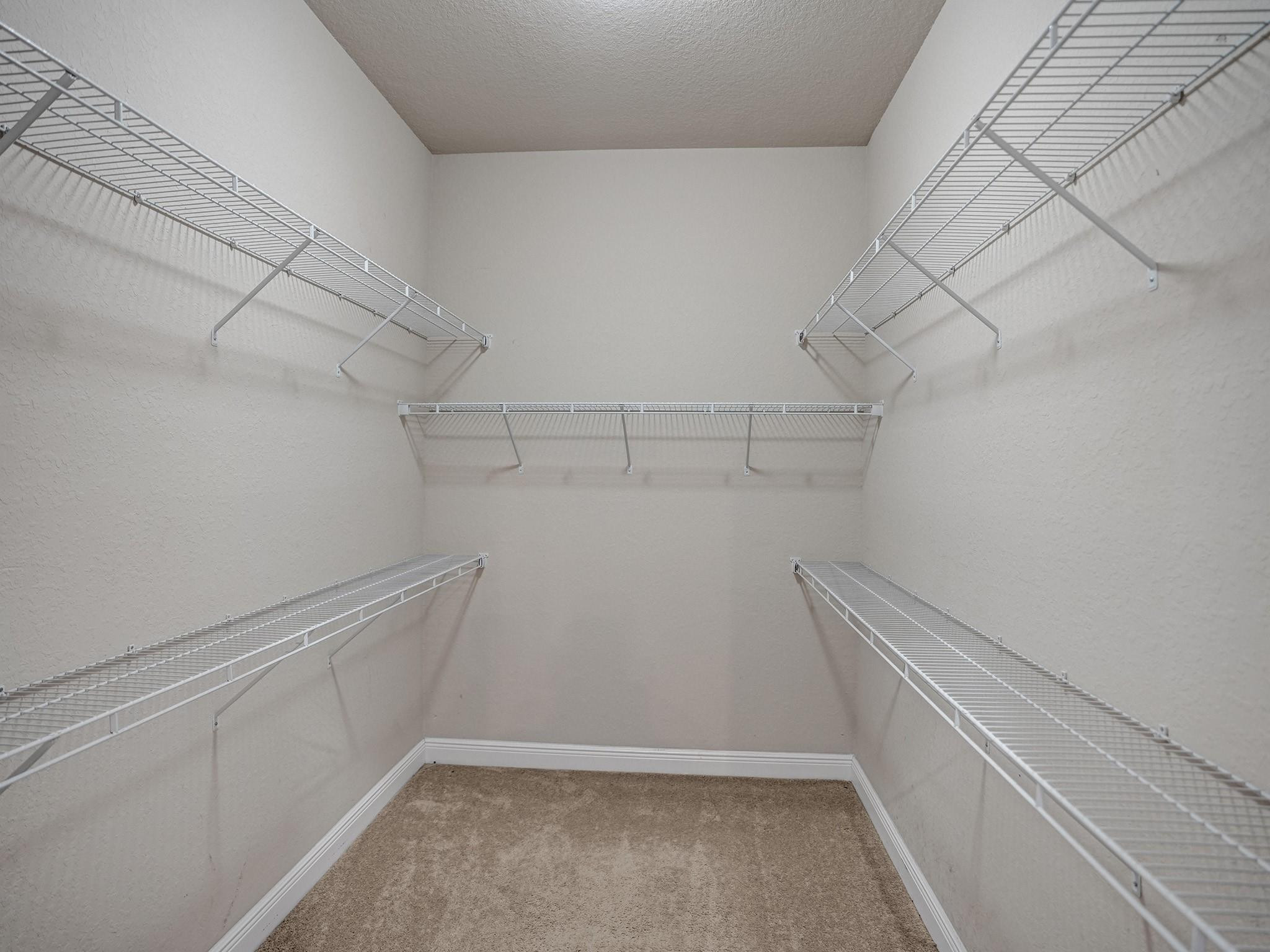 Empty walk-in closet with white wire shelving along three walls and beige carpeting.