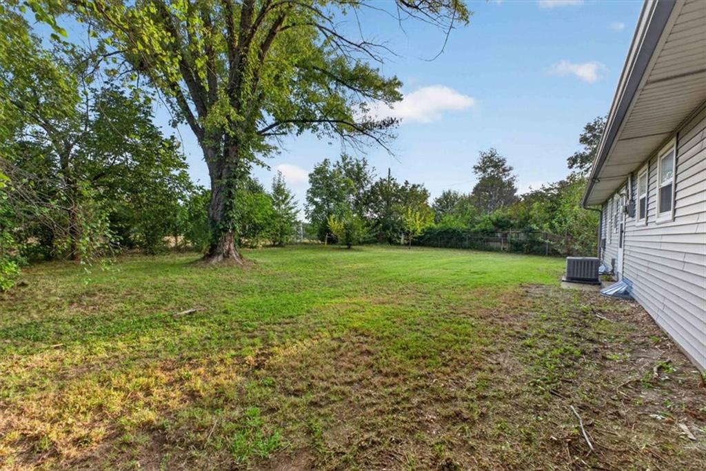 Grassy backyard with a large mature tree and the side of a light-sided home.